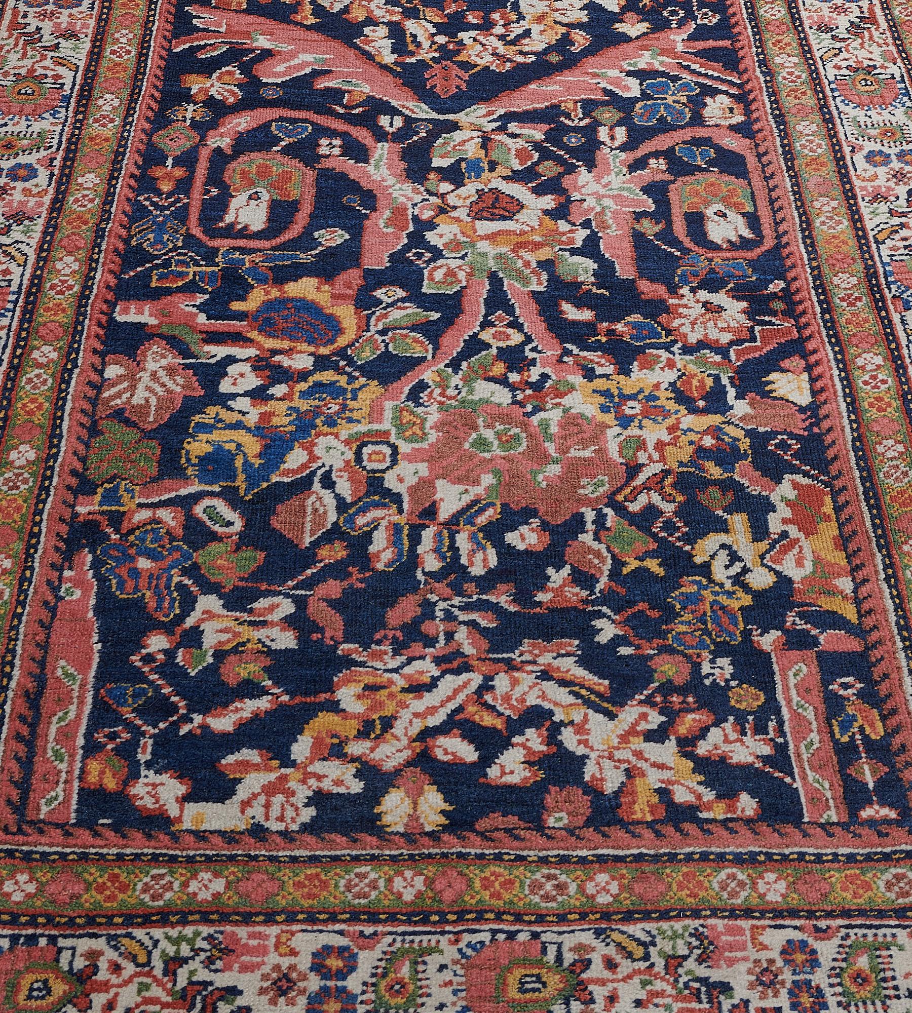 Persian Antique Hand-Woven Indigo-Blue Floral Sultanabad Runner  For Sale