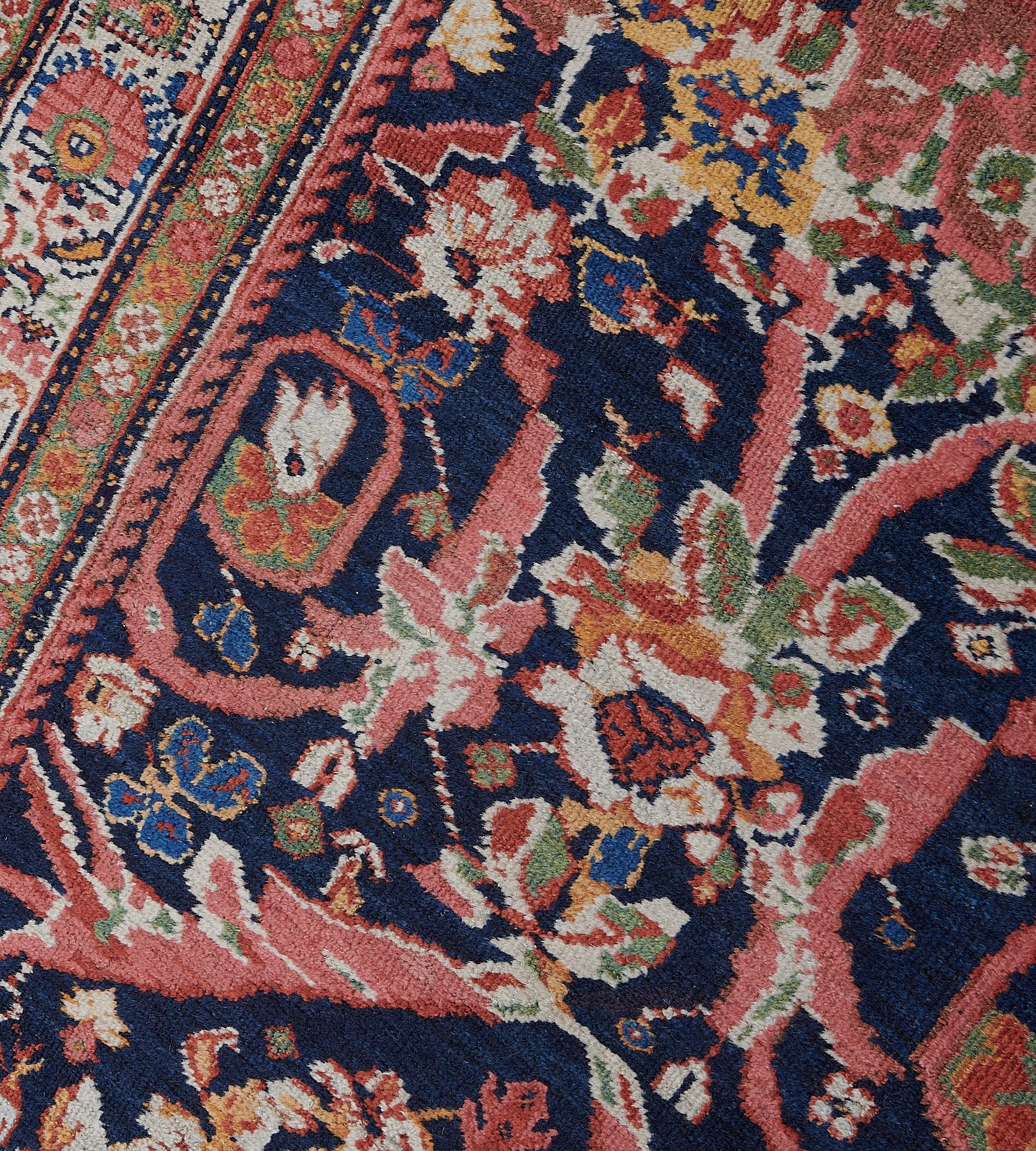 Hand-Knotted Antique Hand-Woven Indigo-Blue Floral Sultanabad Runner  For Sale