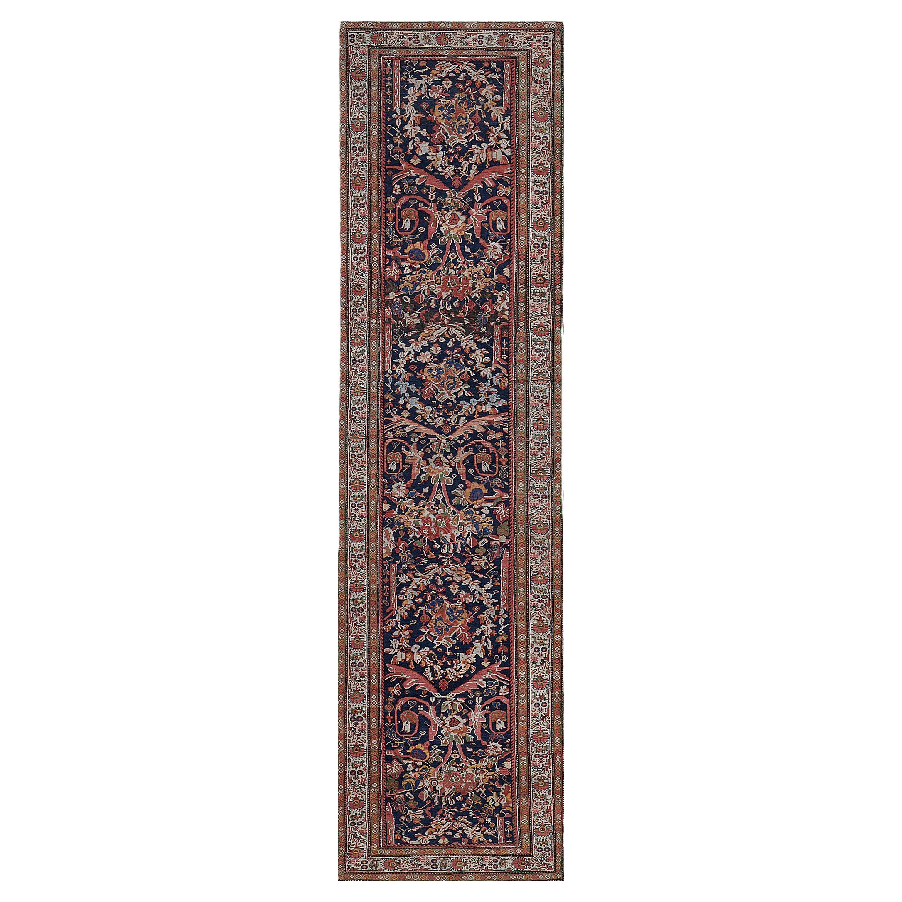 Antique Hand-Woven Indigo-Blue Floral Sultanabad Runner  For Sale