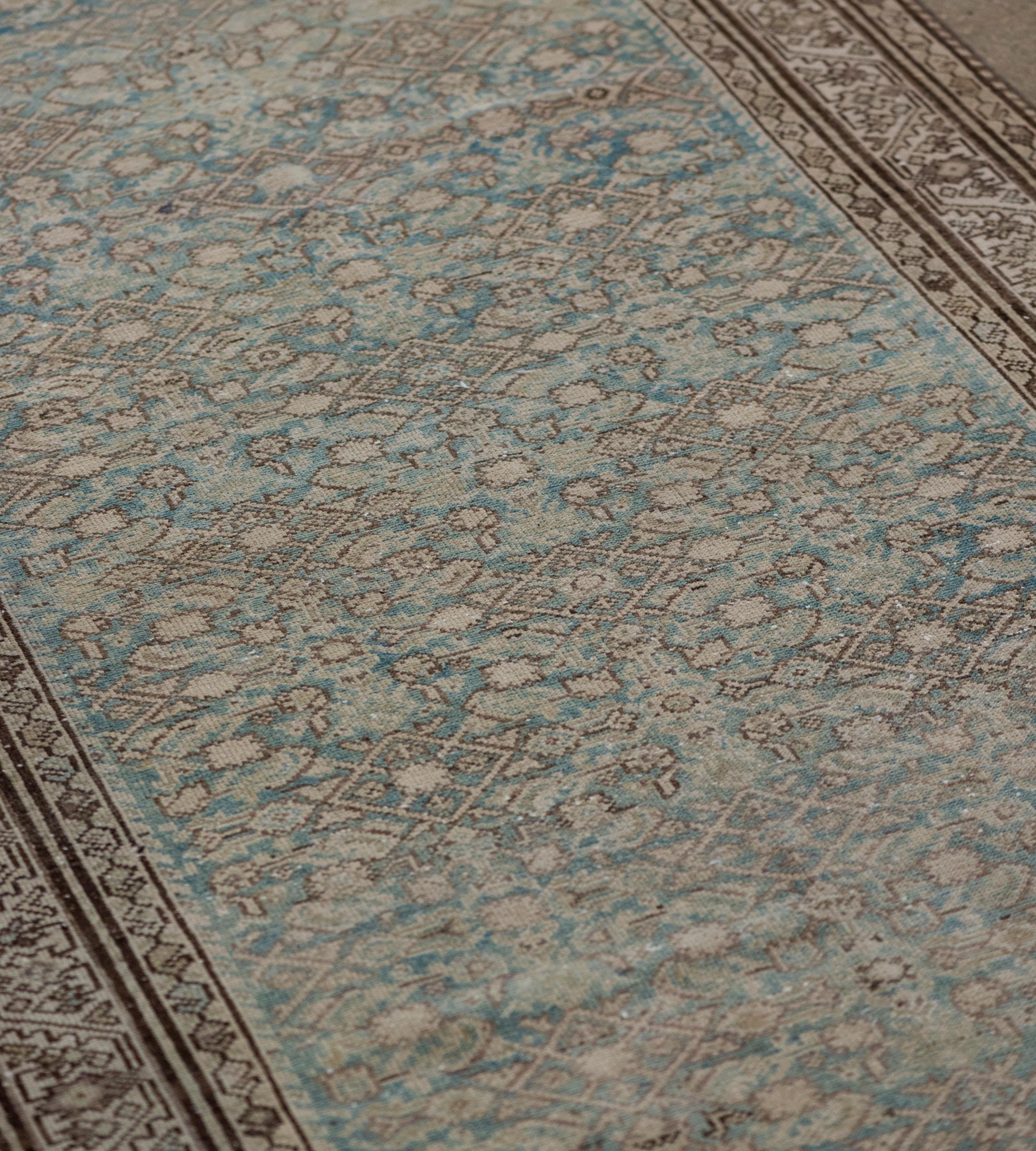 Hand-Knotted Antique Hand-Woven Light-Blue Wool Persian Malayer Runner For Sale