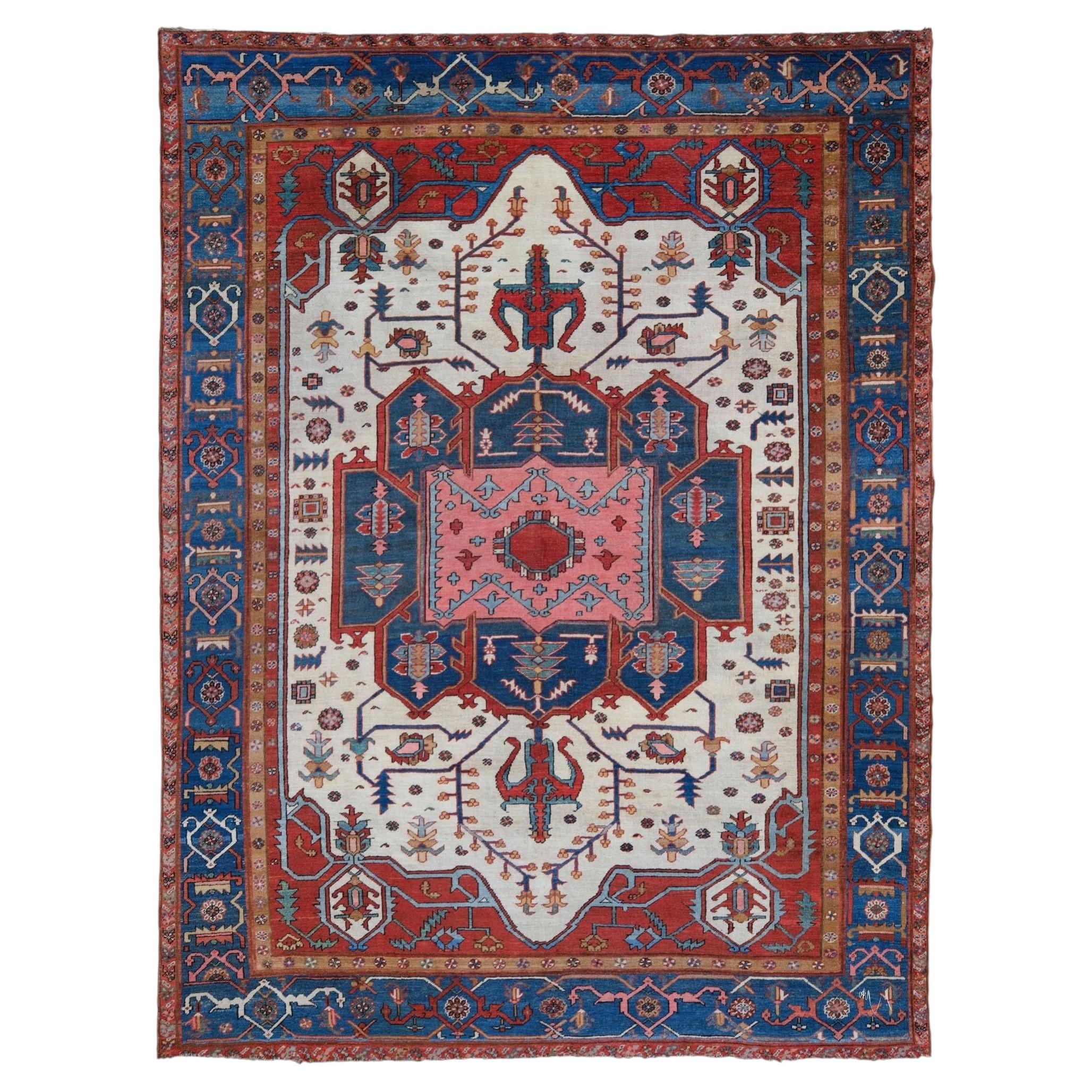 Antique Hand-Woven Multi-Color Wool Carpet, Late 19th Century