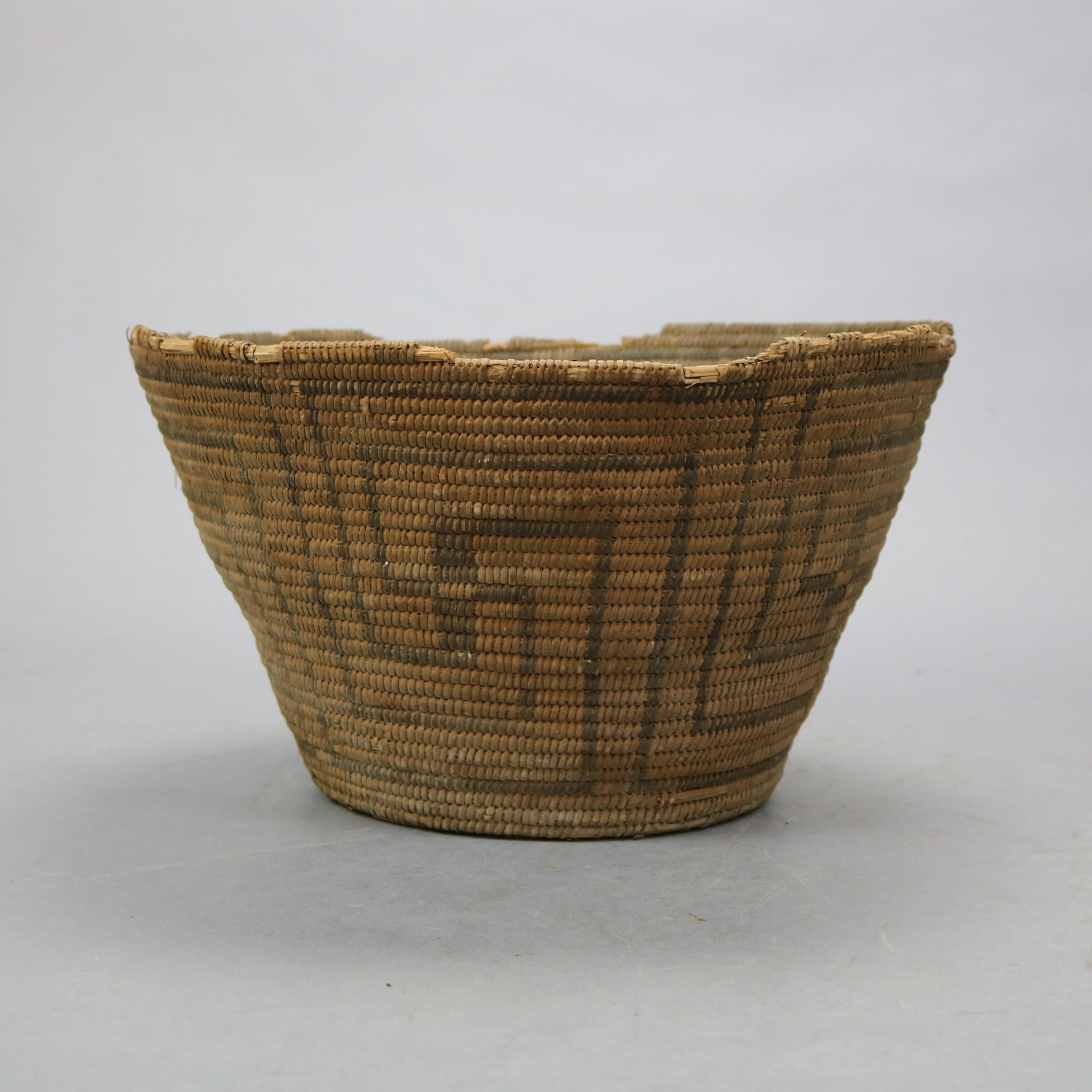 American Antique Hand Woven Navajo Indian Basket, Whirling Log Good Luck Design, c1920
