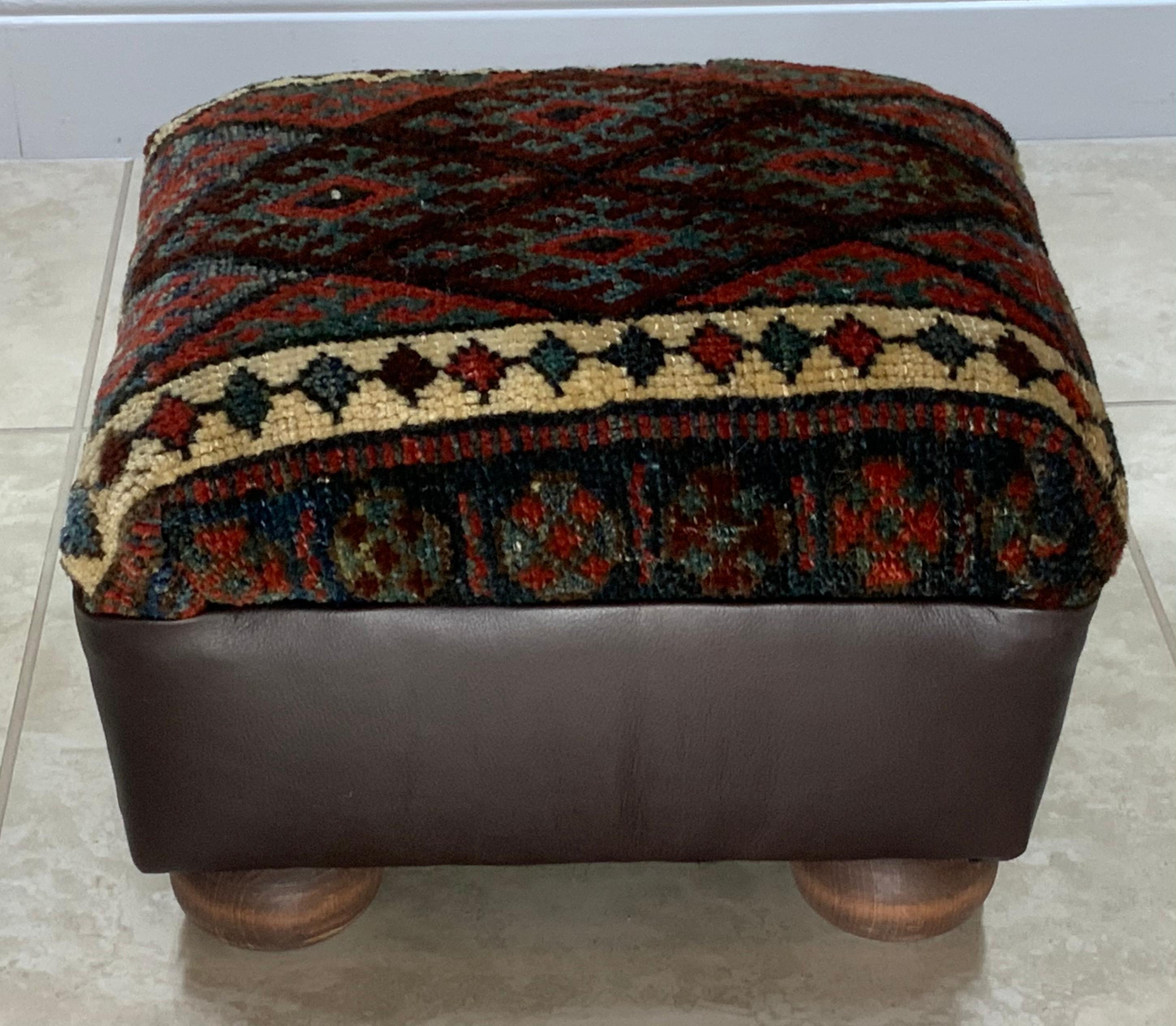 American Antique Hand Woven Rug Upholstered Foot Stool For Sale