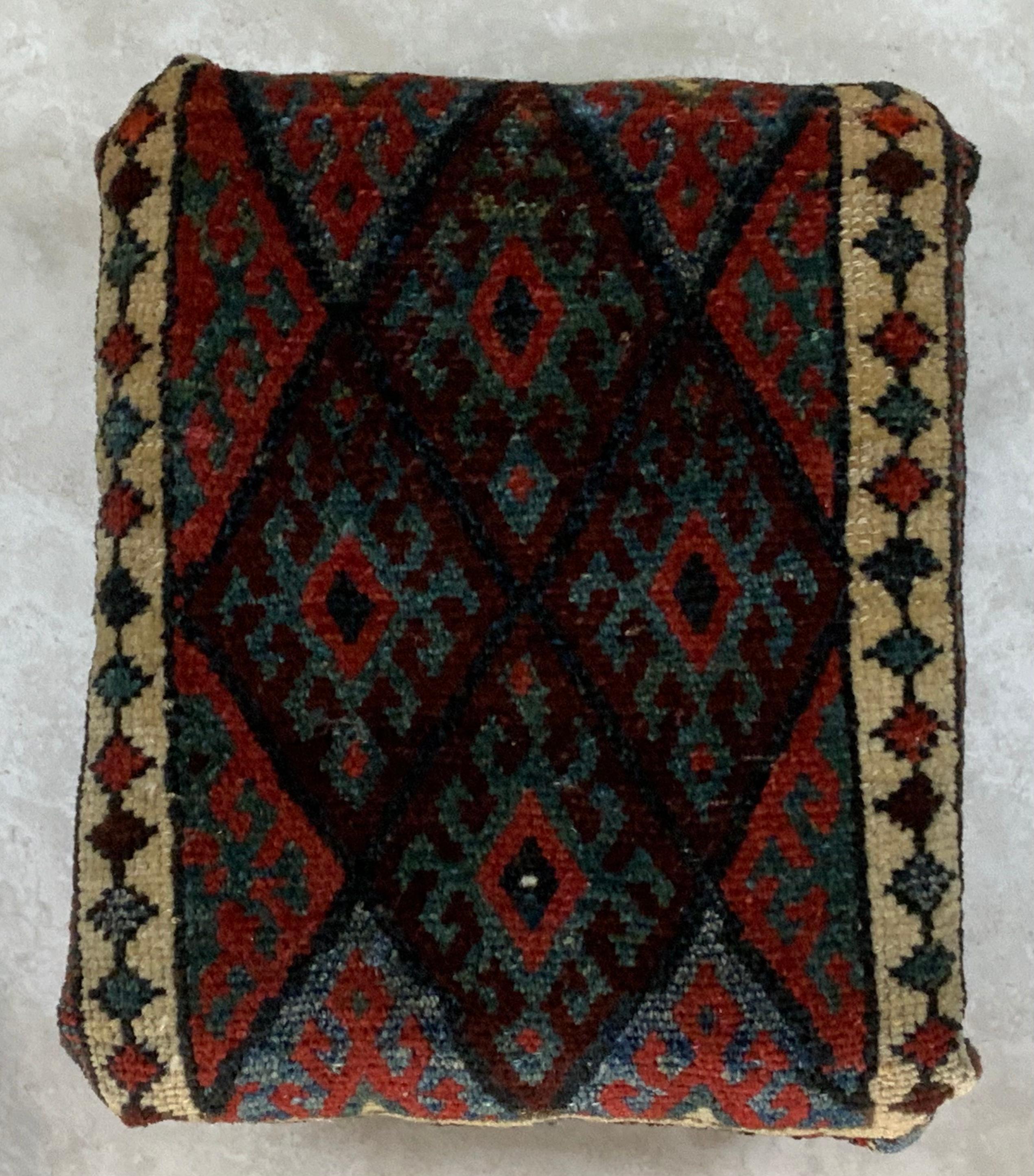 Wood Antique Hand Woven Rug Upholstered Foot Stool For Sale