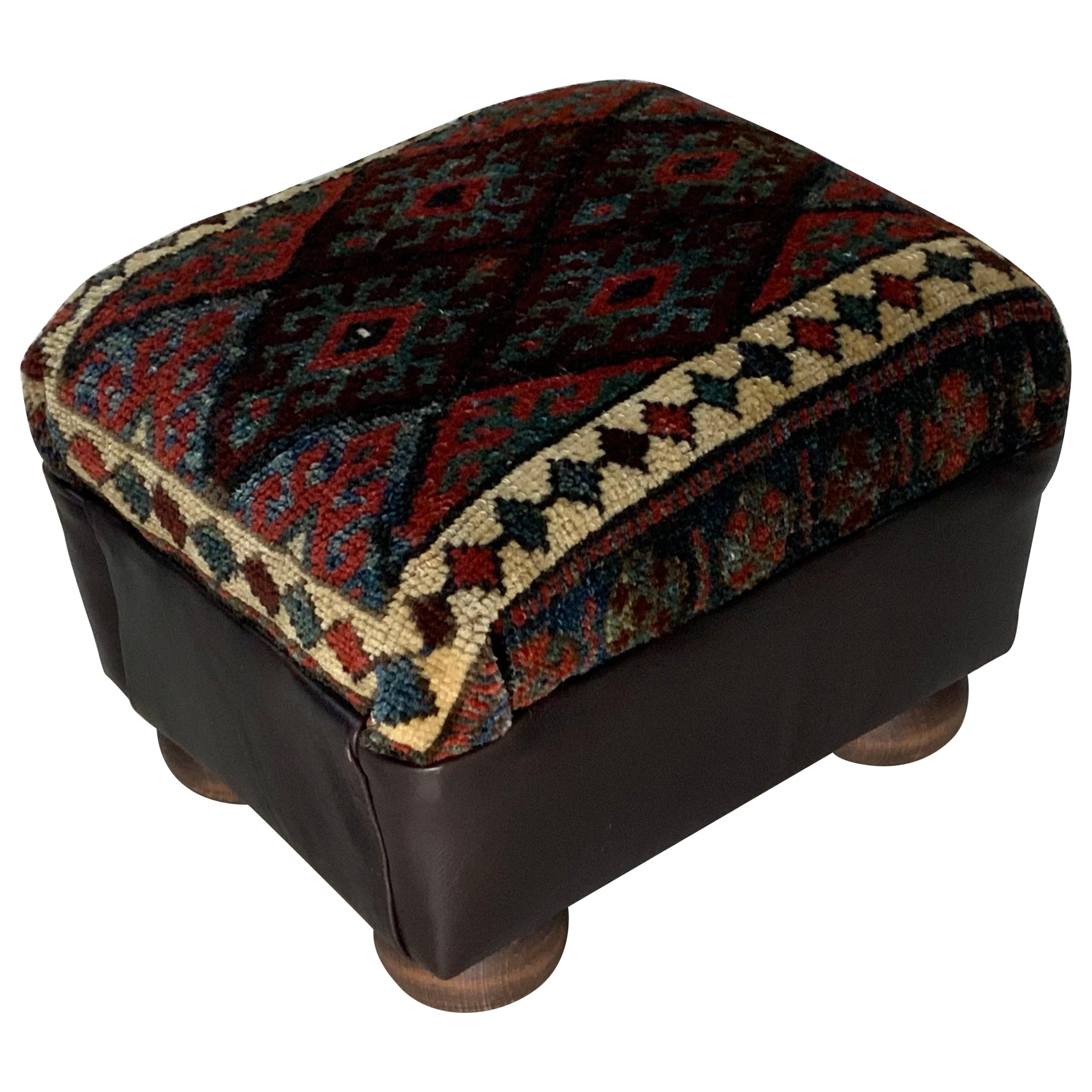Antique Hand Woven Rug Upholstered Foot Stool For Sale