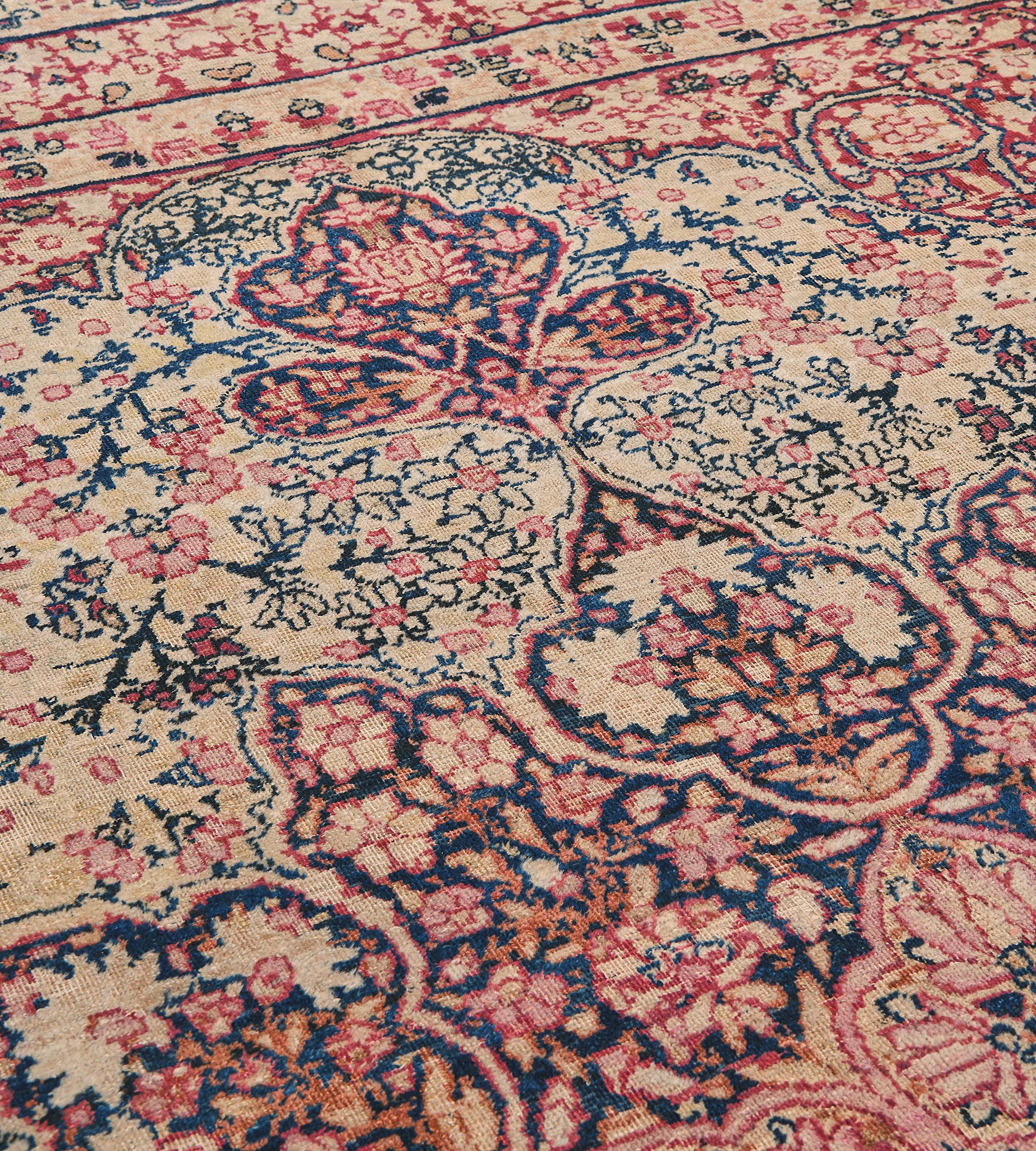19th Century Antique Hand-Woven Traditional Floral Persian Kerman Rug  For Sale