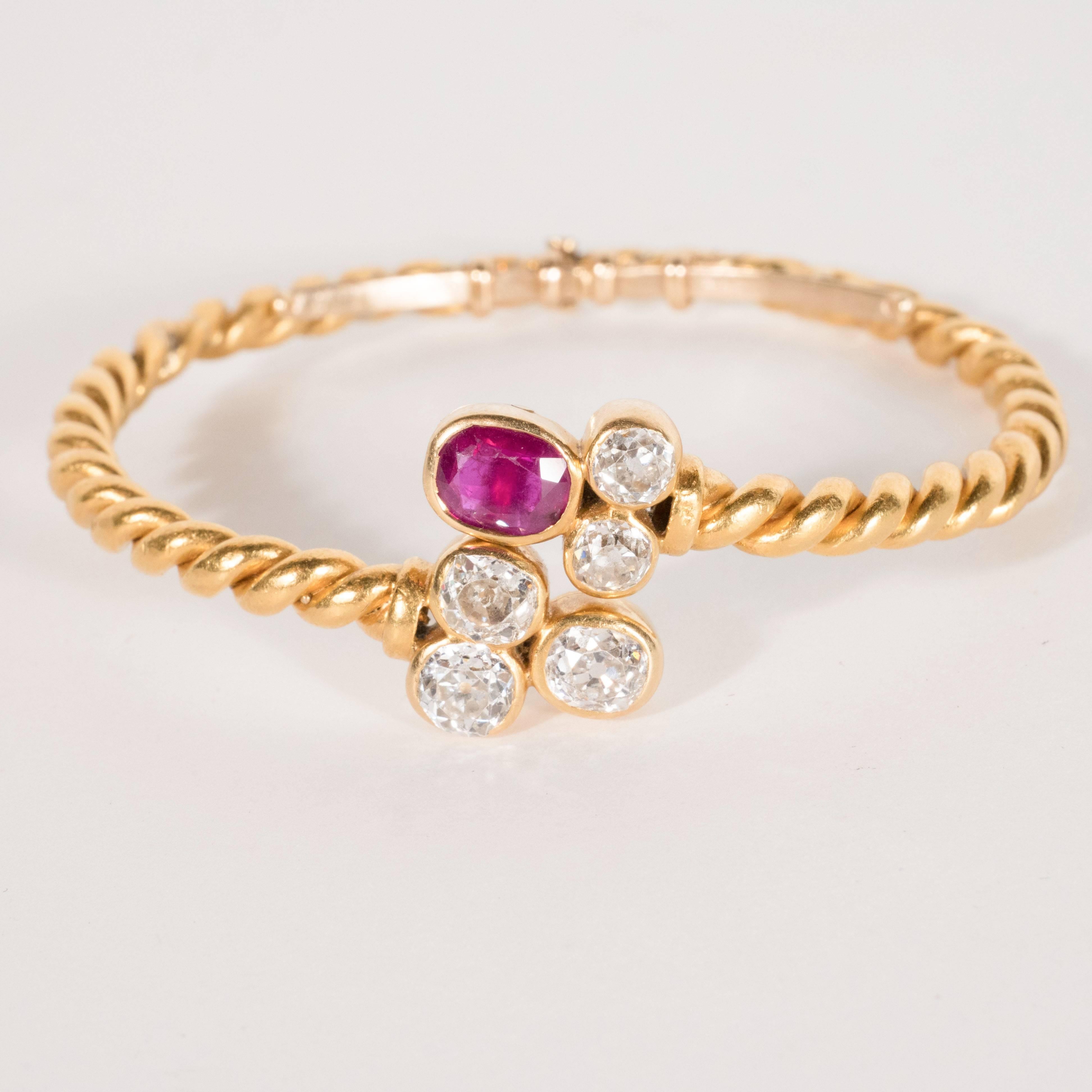 Art Deco Hand-Wrought 18 Karat Bangle Bracelet with Ruby and Old European Cut Diamonds