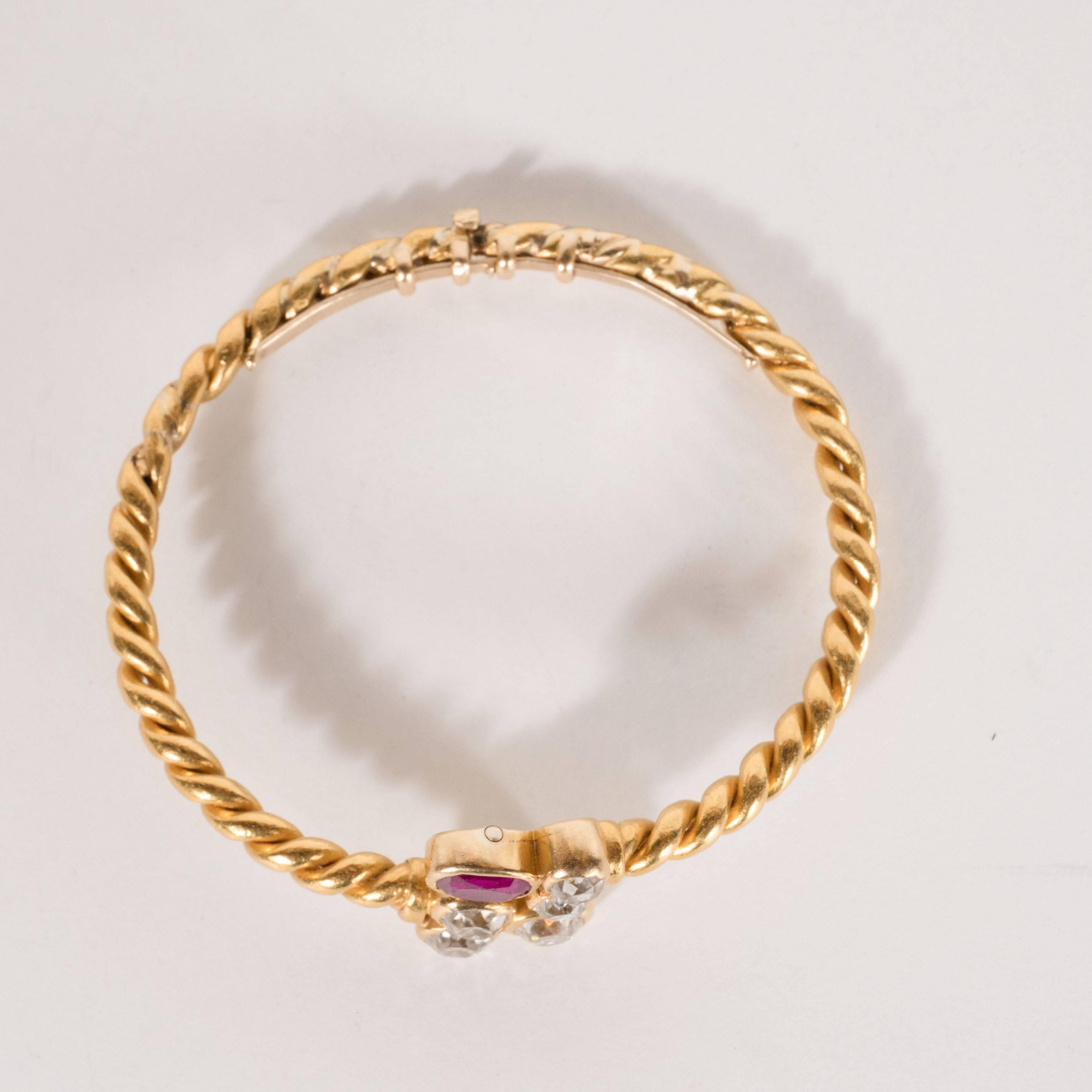 Hand-Wrought 18 Karat Bangle Bracelet with Ruby and Old European Cut Diamonds In Excellent Condition In New York, NY