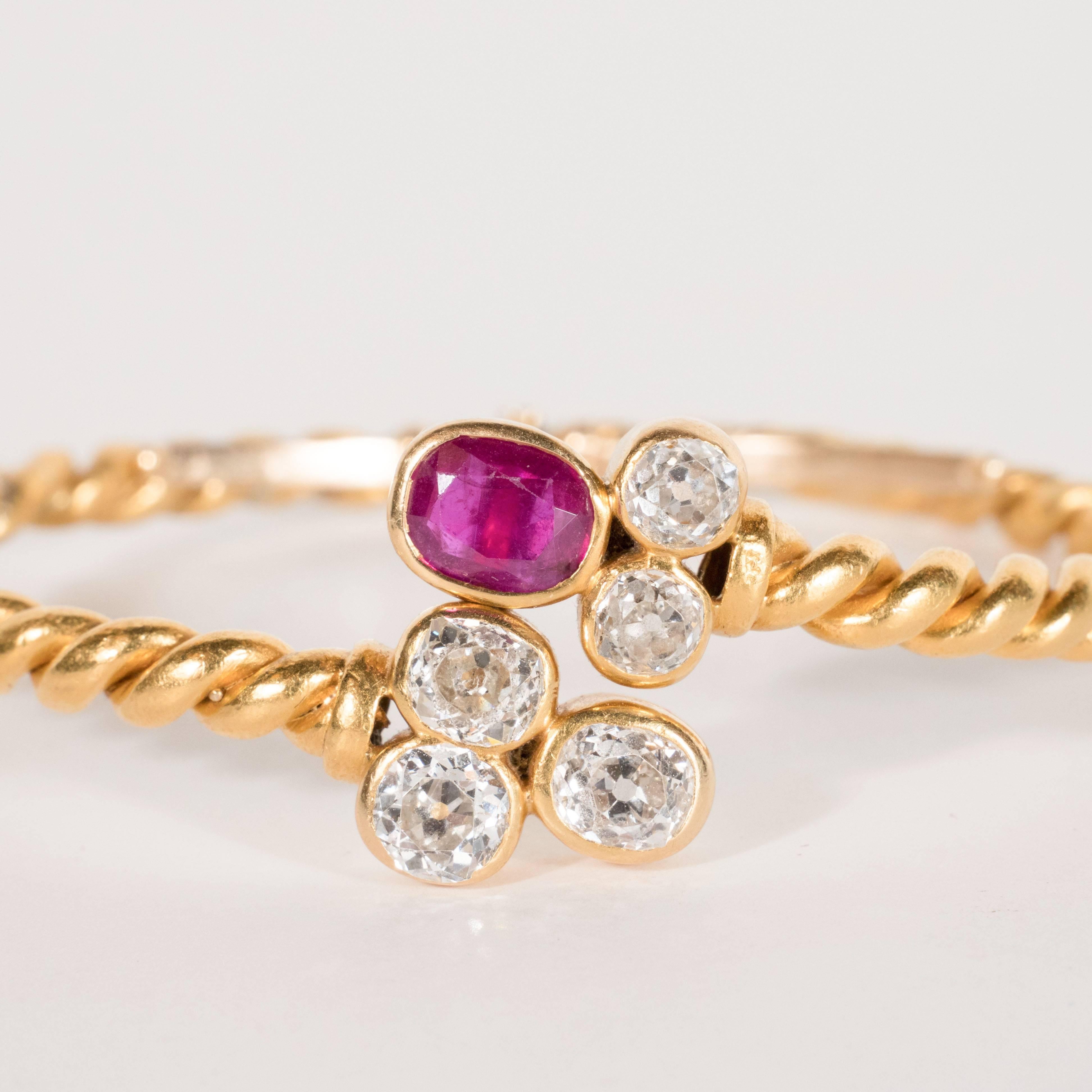 Women's Hand-Wrought 18 Karat Bangle Bracelet with Ruby and Old European Cut Diamonds