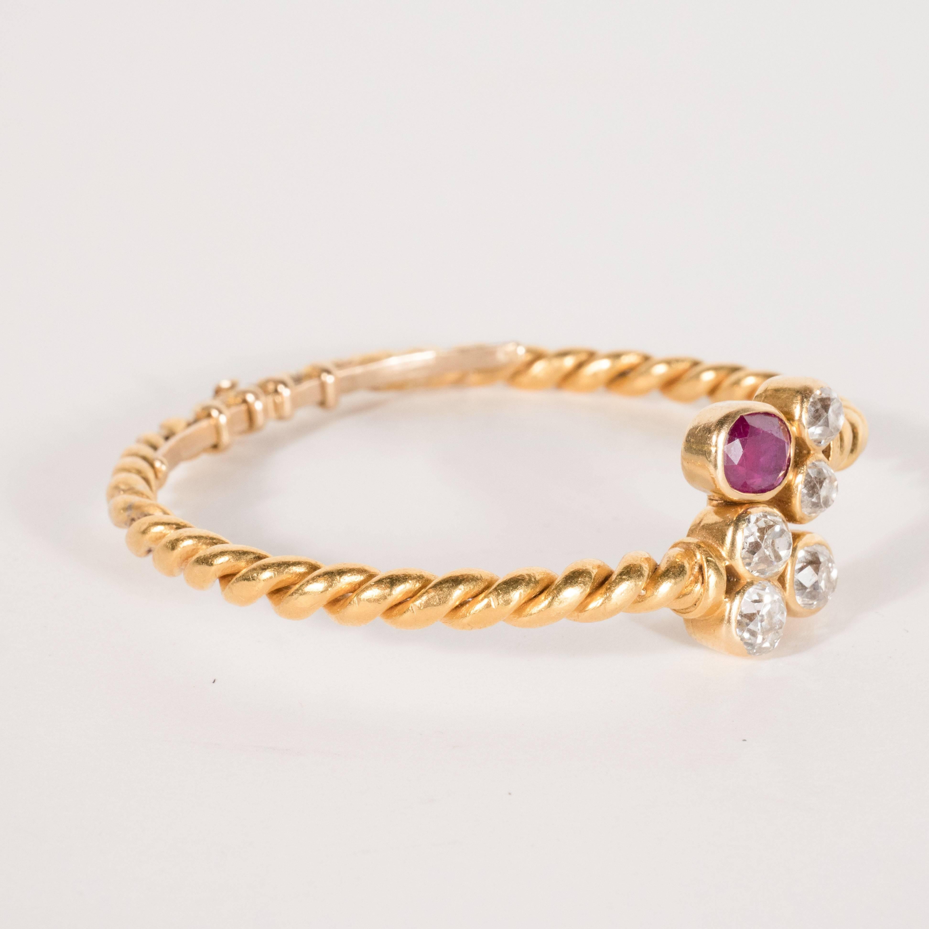 Hand-Wrought 18 Karat Bangle Bracelet with Ruby and Old European Cut Diamonds 2