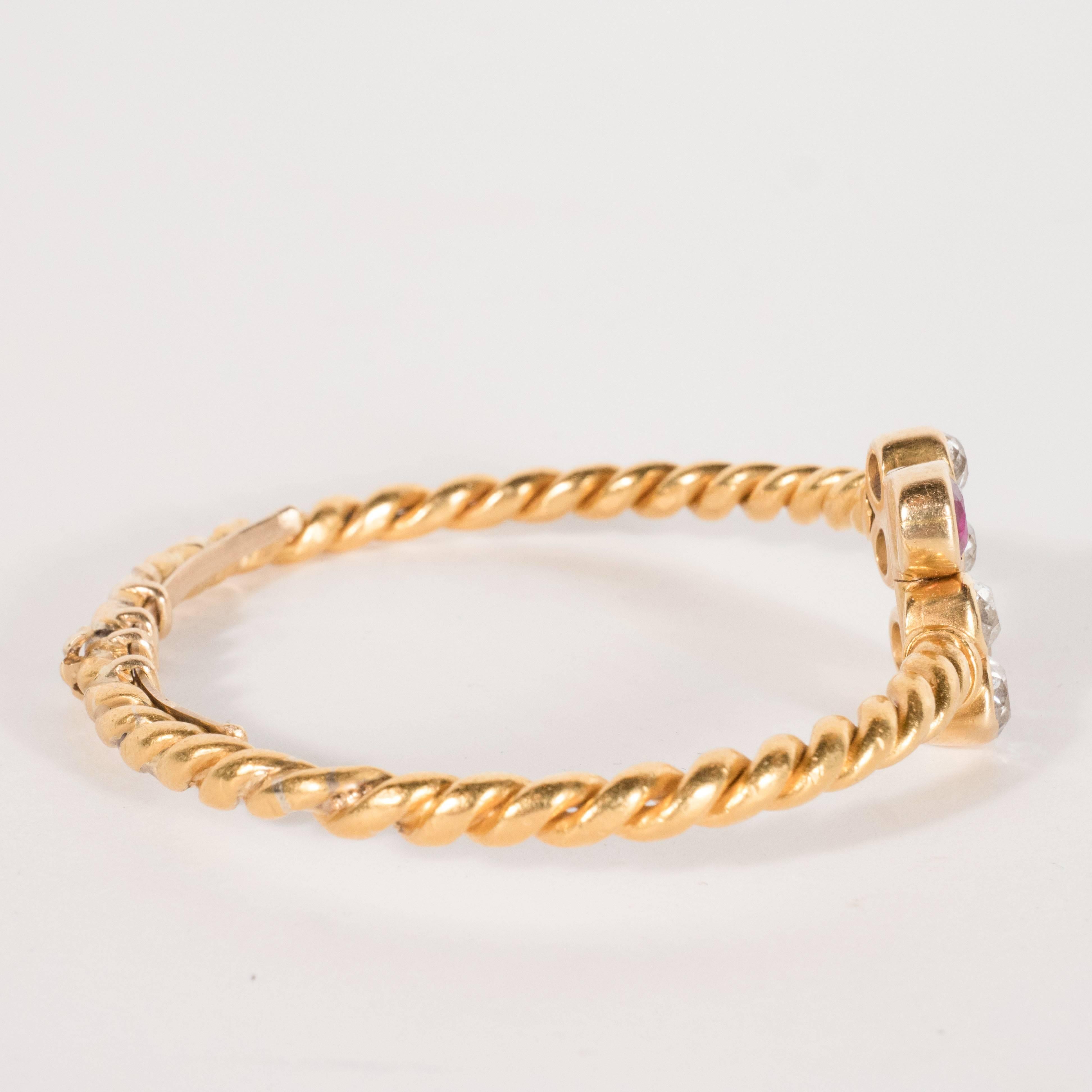 Hand-Wrought 18 Karat Bangle Bracelet with Ruby and Old European Cut Diamonds 3