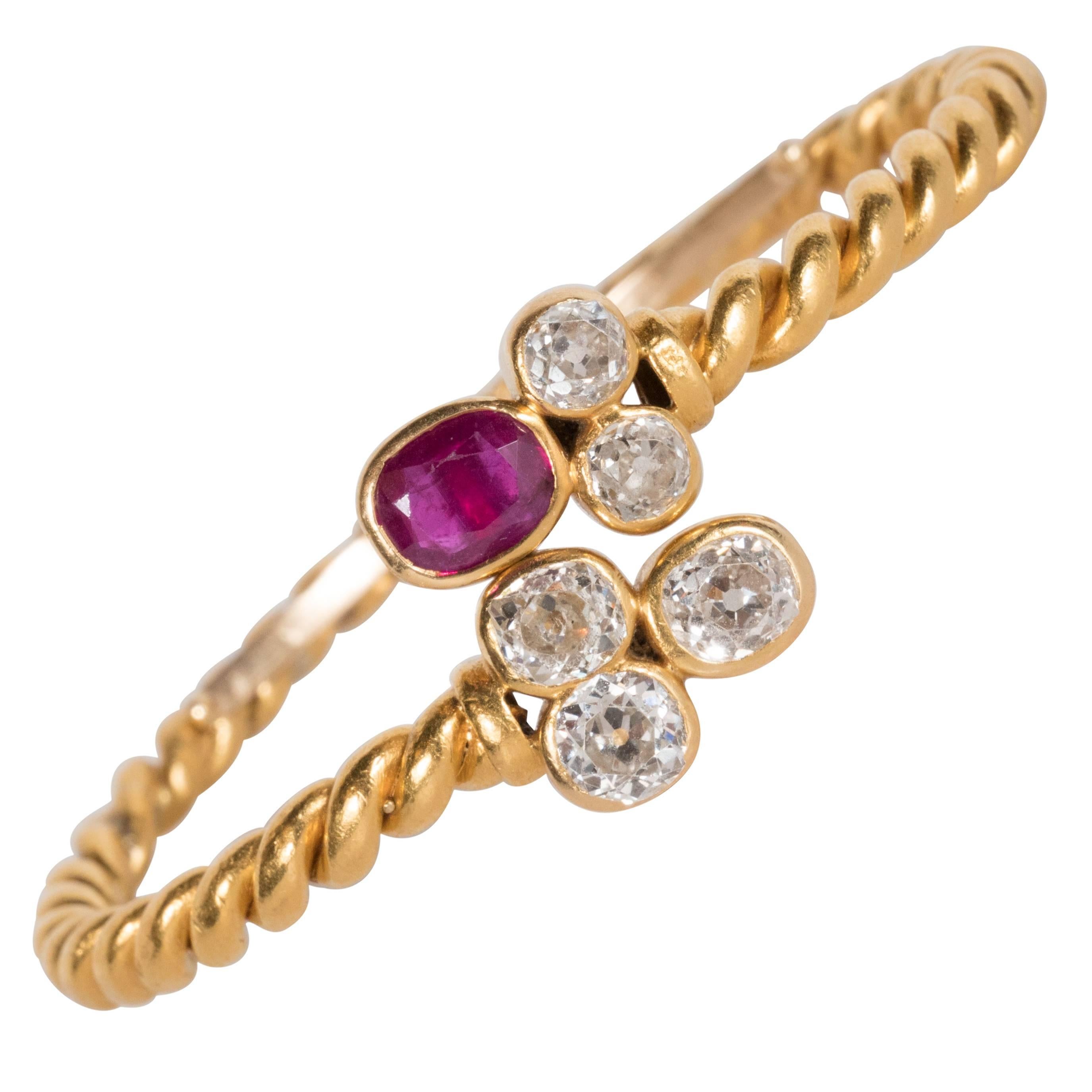 Hand-Wrought 18 Karat Bangle Bracelet with Ruby and Old European Cut Diamonds