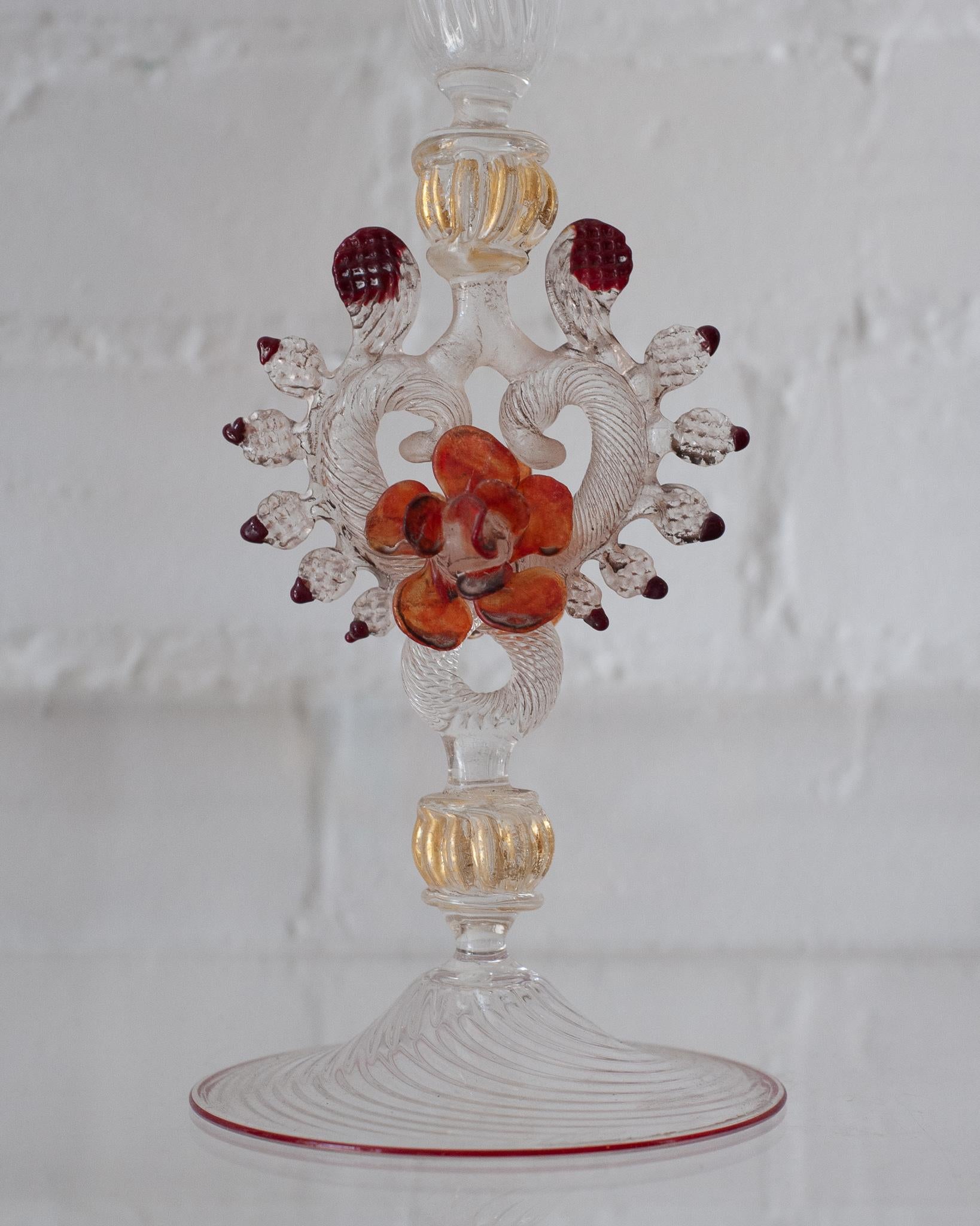 Italian Antique Hand Blown Clear, Red and Orange Murano Glass Flute with Gilded Detail For Sale
