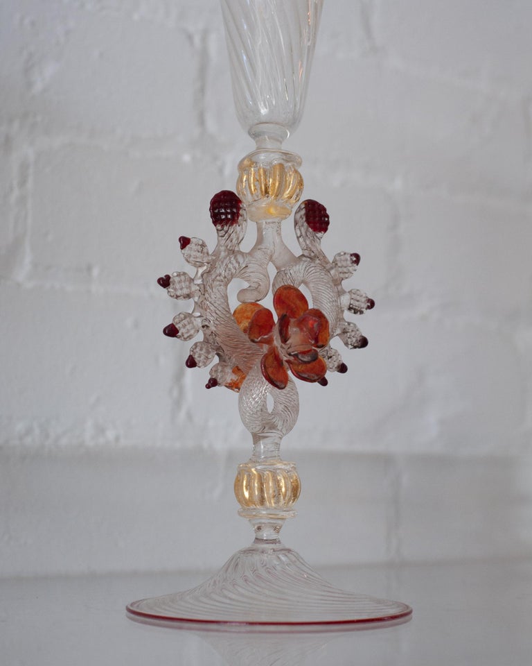 Antique Hand Blown Clear, Red and Orange Murano Glass Flute with Gilded Detail In Good Condition For Sale In Toronto, ON