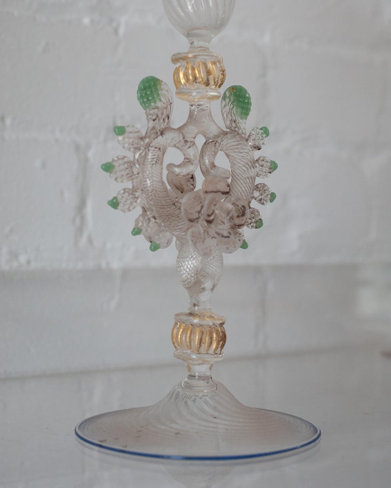 Antique Hand Blown Clear and Green Murano Glass Flute with Gilded Detail In Good Condition For Sale In Toronto, ON