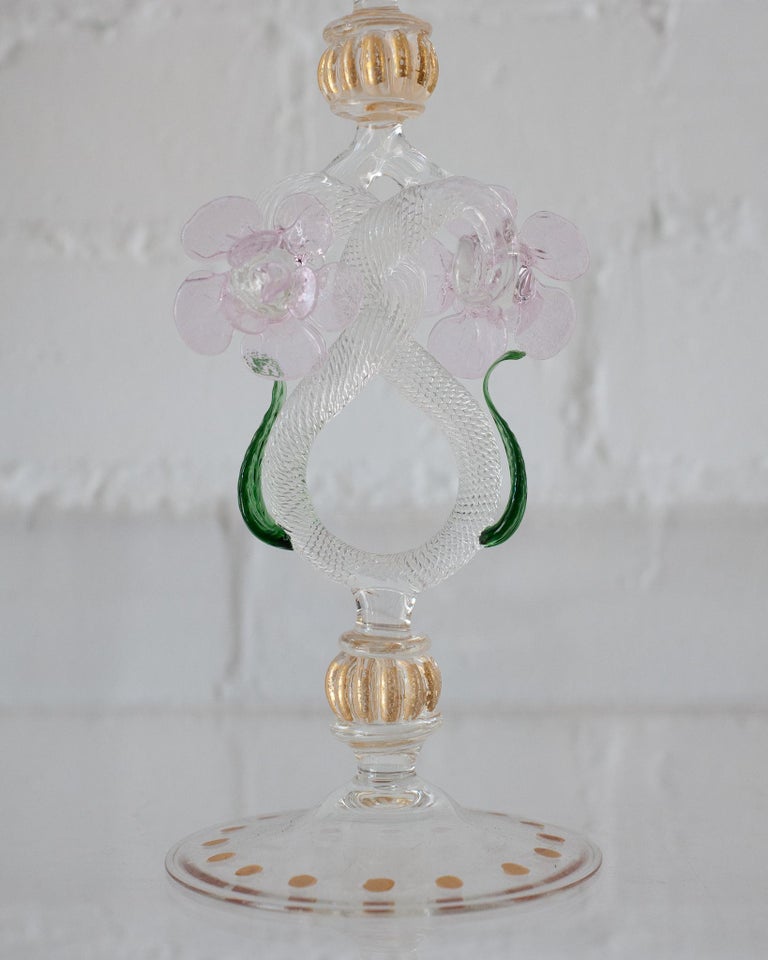 Italian Antique Hand Blown Pink and Green Murano Glass Flute with Gilded Details For Sale