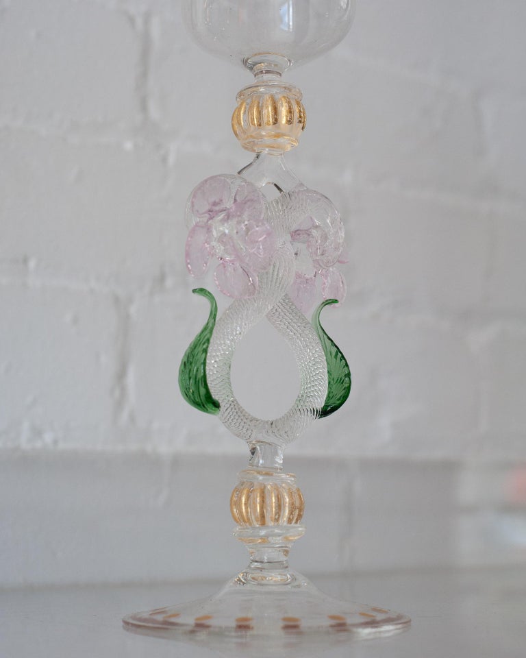 Gilt Antique Hand Blown Pink and Green Murano Glass Flute with Gilded Details For Sale