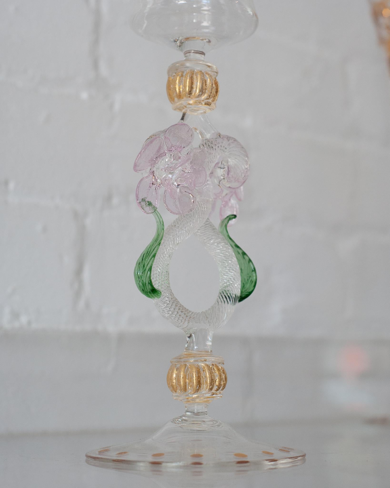 Gilt Antique Hand Blown Pink and Green Murano Glass Flute with Gilded Details