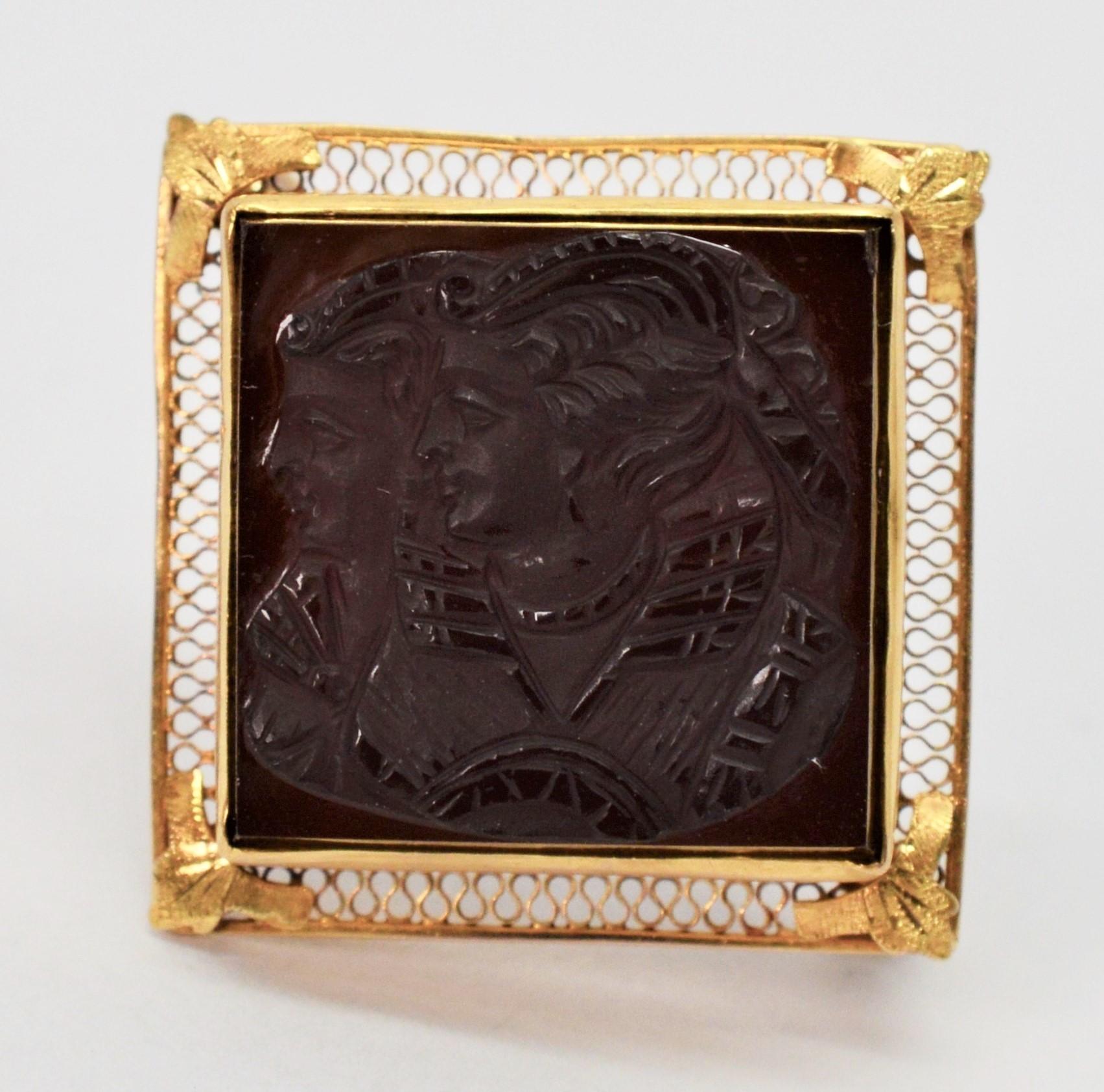 Square Cut Antique Hand Carved Onyx 10 Karat Gold Cameo Brooch For Sale