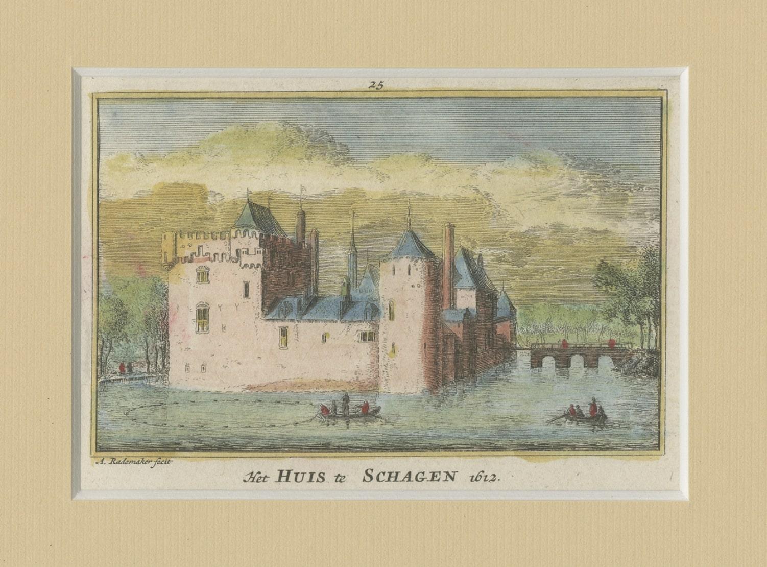 18th Century and Earlier Antique Handcolored Castle Print of 'Huis te Schagen' in The Netherlands, c.1730 For Sale