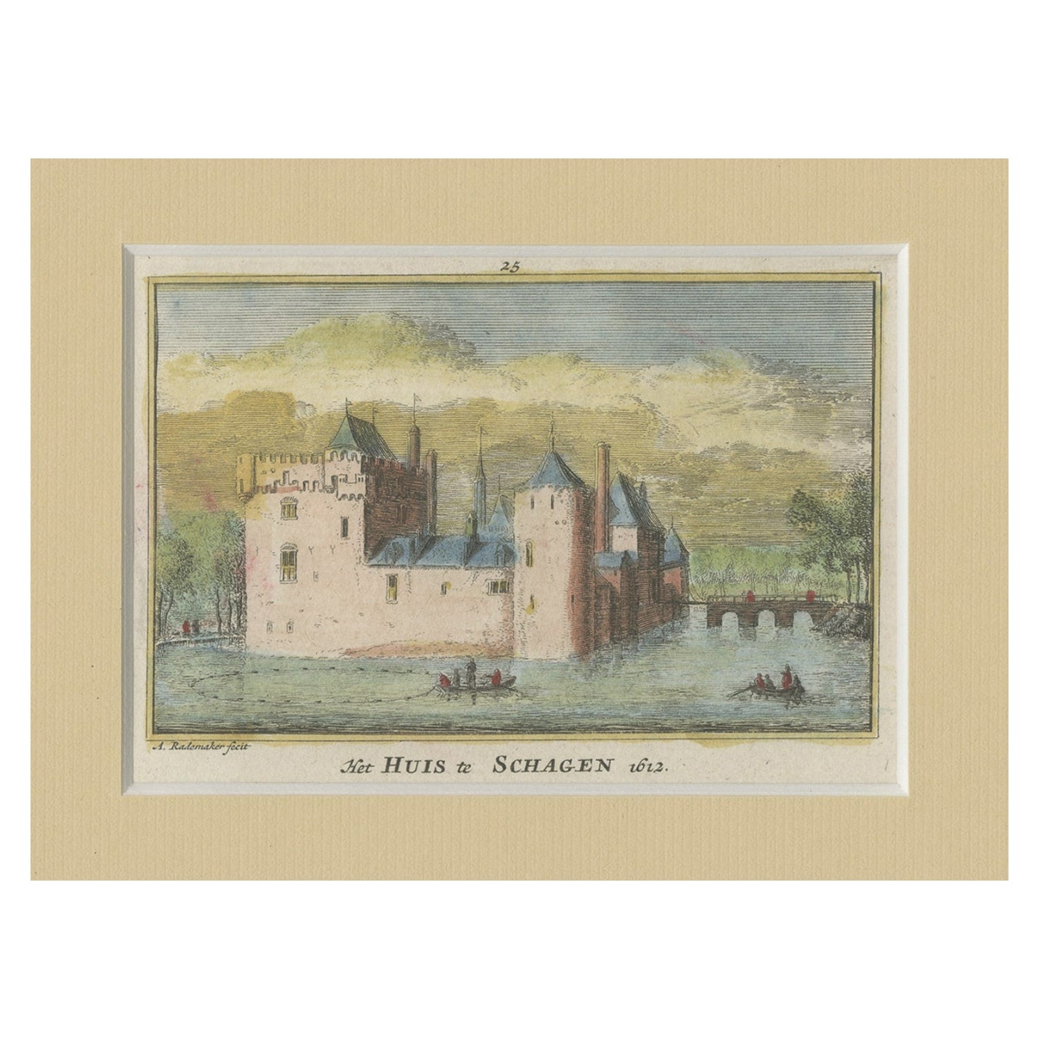 Antiker handkolorierter Schlossdruck von „Huis te Schagen“ in den Niederlanden, um 1730