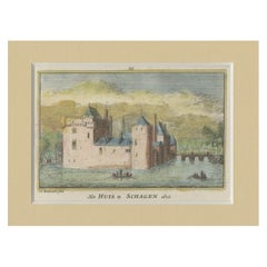 Grabado antiguo coloreado a mano de un castillo de "Huis te Schagen" en Holanda, c.1730