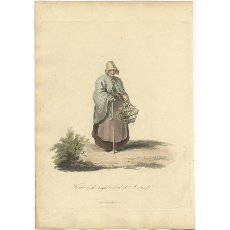 Antique costume print titled 'Woman of the neighbourhood of Antwerp'. Old costume print depicting a woman of the neighbourhood of Antwerp, Belgium. This print originates from 'The Costume of the Netherlands displayed in thirty coloured engravings'.