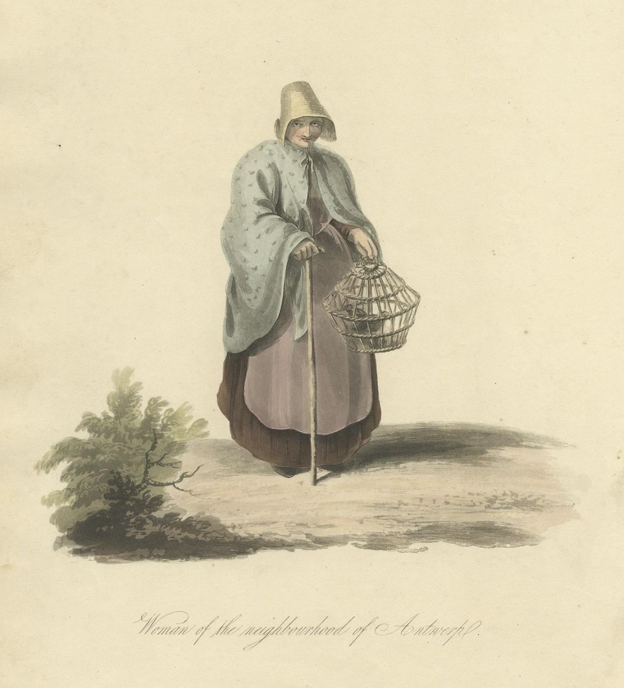 Paper Antique Handcolored Engraving of a Woman of Antwerp, Belgium, 1817 For Sale