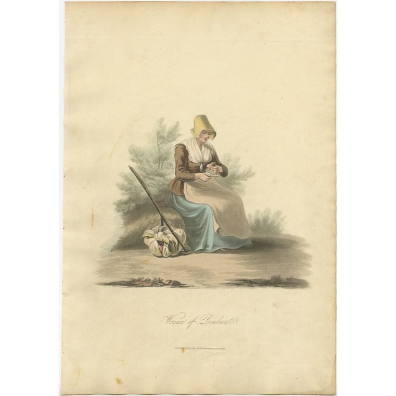 Antique costume print titled 'Woman of Brabant'. Old costume print depictinga woman of Brabant, a Dutch province. This print originates from 'The Costume of the Netherlands displayed in thirty coloured engravings'. 

Artists and Engravers: Made