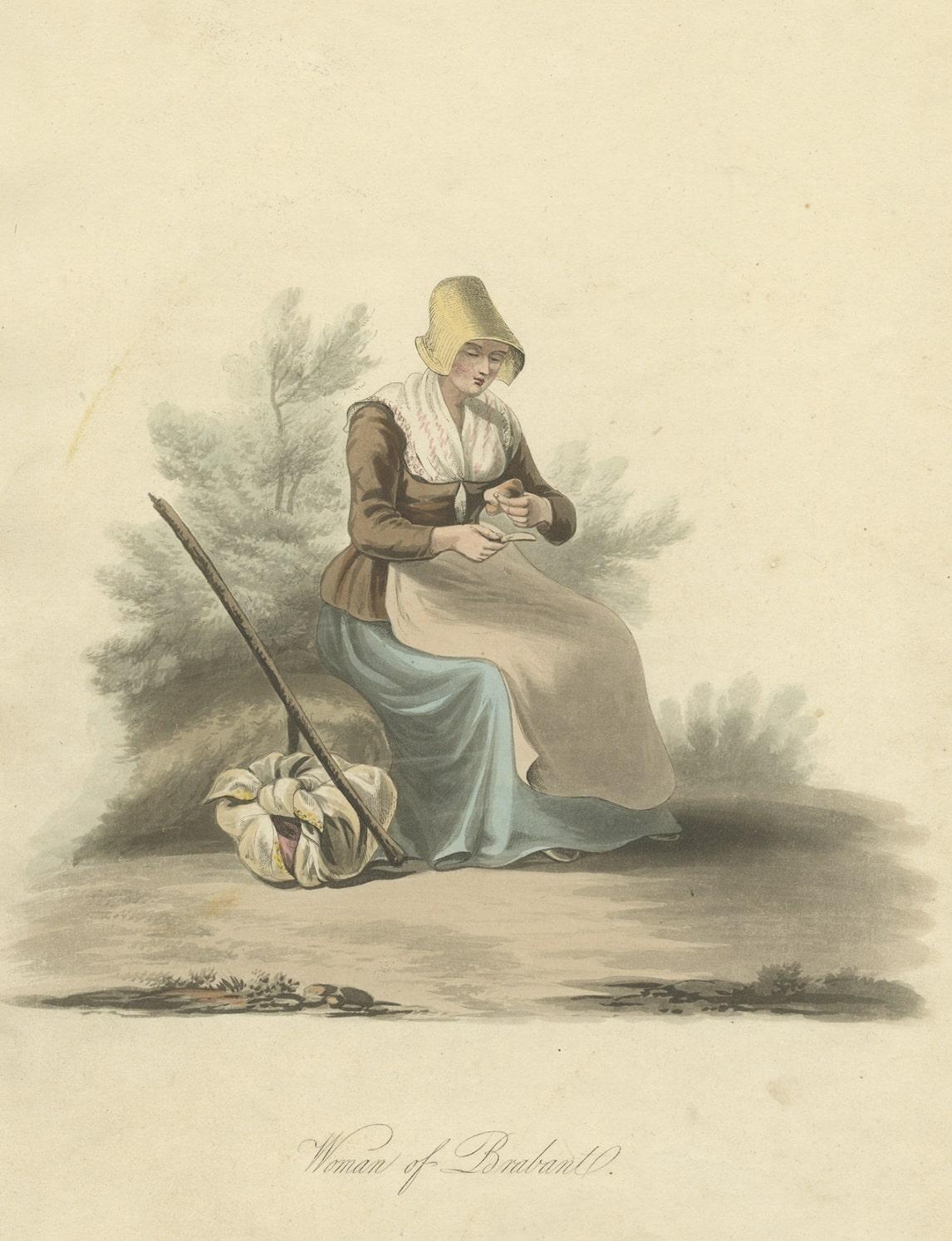 Paper Antique Handcolored Engraving of a Woman of Brabant, the Netherlands, 1817 For Sale