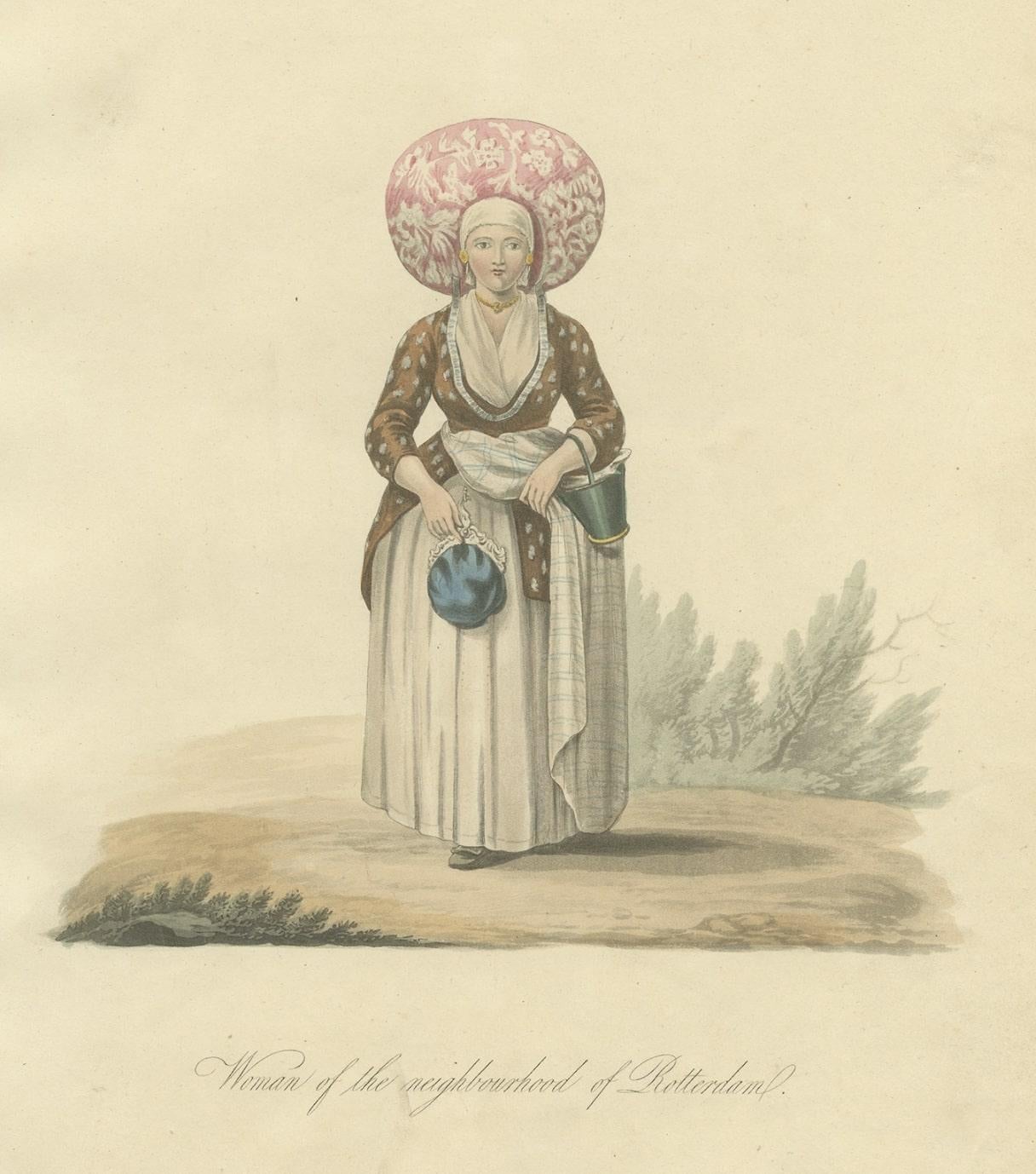 Paper Antique Handcolored Engraving of a woman of the Neighbourhood of Rotterdam, 1817 For Sale
