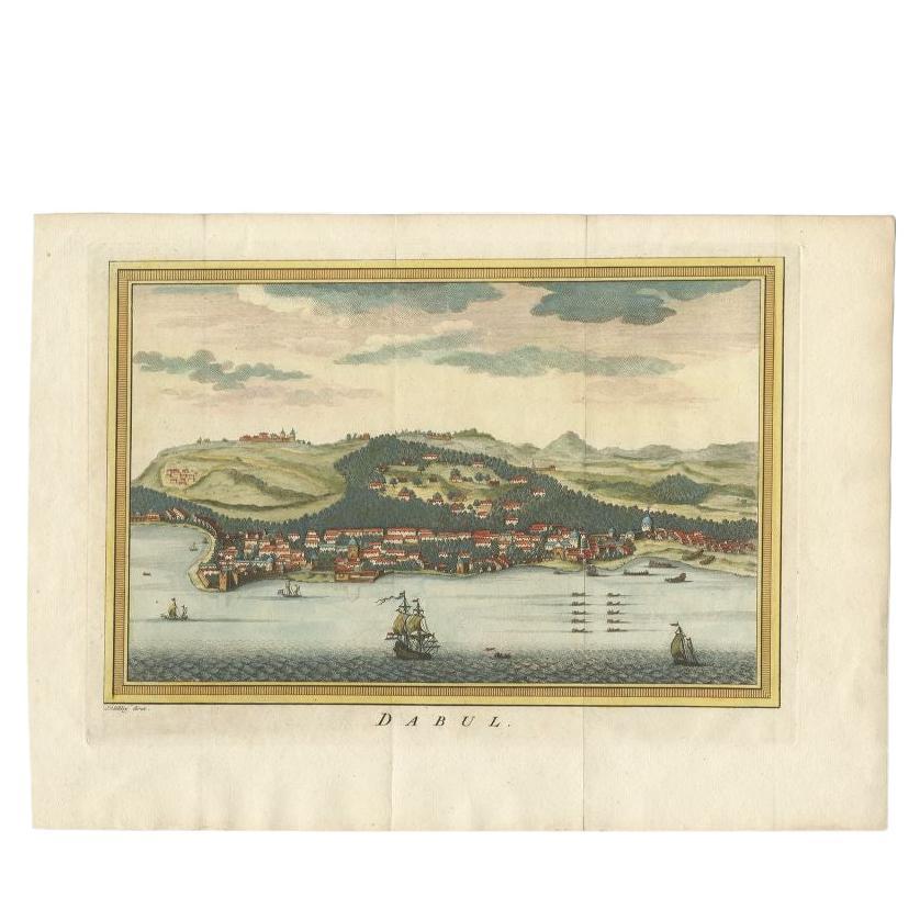 Antique print titled 'Dabul'. Old print of the port city Dabhol in India. In the 15th and 16th centuries, Dabul was an opulent Muslim trade center. Around 1660 it was annexed to the new Maratha kingdom. Originates from 'Historische beschryving der