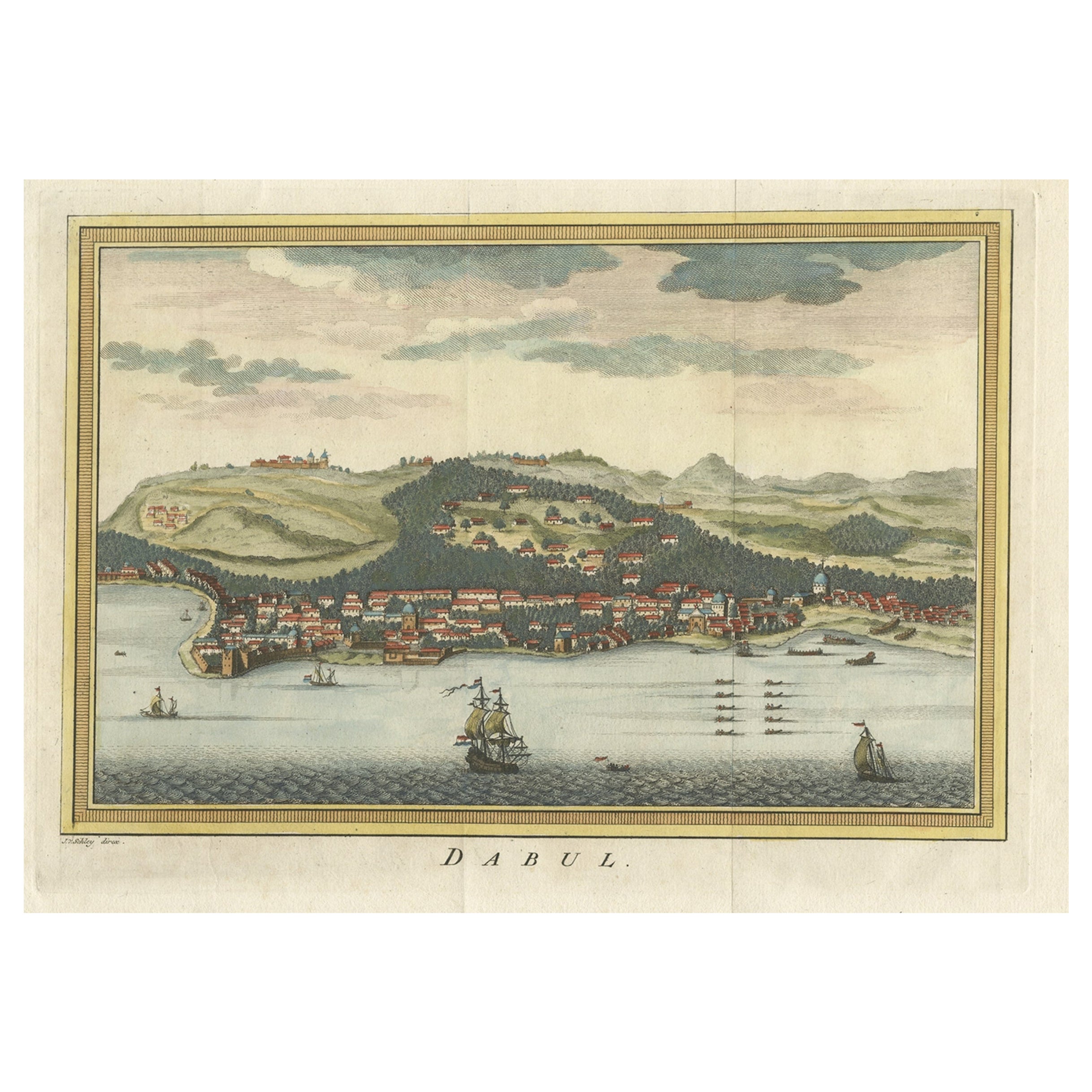 Gravure ancienne colorée à la main de Dabhol ou Dabul en Inde, 1757