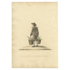 Antique Handcolored Print of a Boy Selling Flowers in Rotterdam, Holland, 1817