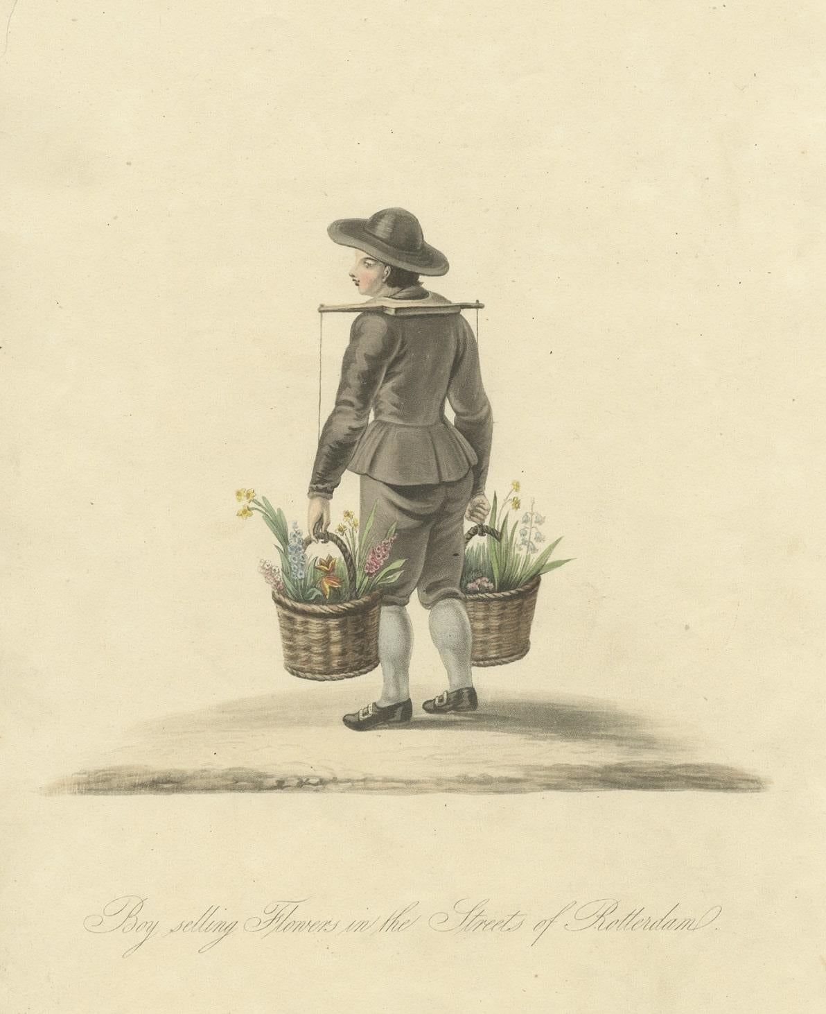 Paper Antique Handcolored Print of a Boy Selling Flowers in Rotterdam, Holland, 1817 For Sale