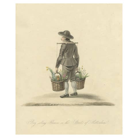 Antique Handcolored Print of a Boy Selling Flowers in Rotterdam, Holland, 1817