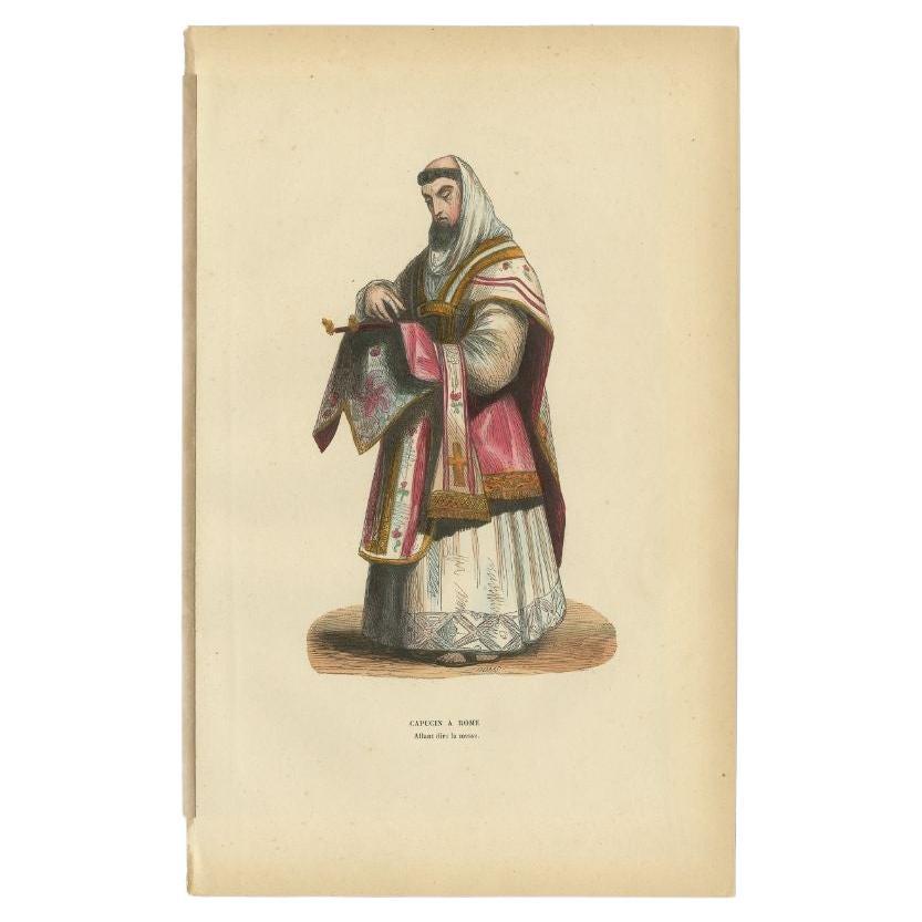 Antique Handcolored Print of a Capuchin of Rome, Italy, 1845 For Sale