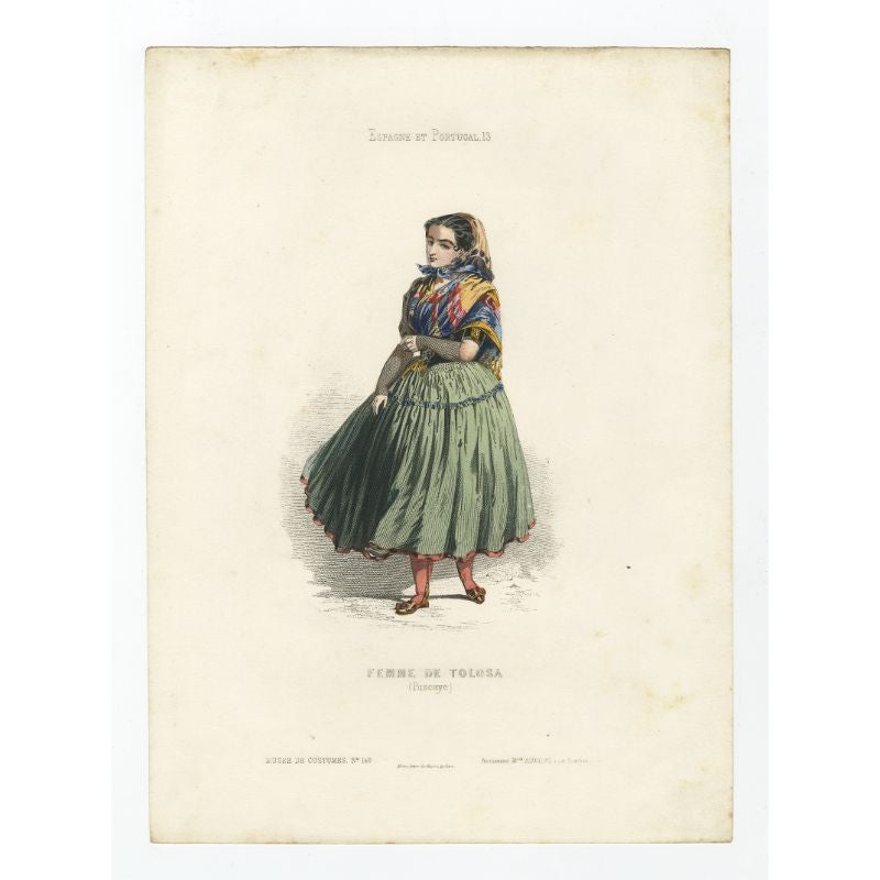 Antique costume print titled 'Femme de Tolosa (Biscaye)'. Old print depicting a female from Tolosa, Vizcaya. This print originates from 'Costumes Moderne (Musée de Costumes). 

Artists and Engravers: Published in Paris: Ancienne Maison