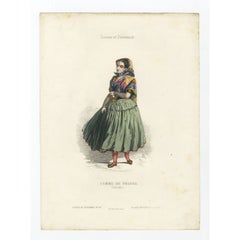 Antique Handcolored Print of a Female from Tolosa, Gipuzkoa, Basque, Spain, 1850