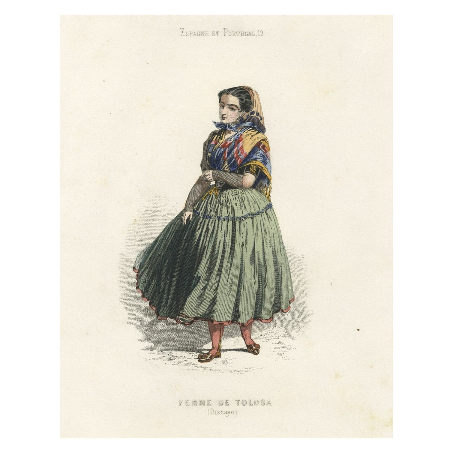 Antiker handkolorierter Druck einer weiblichen Figur aus Tolosa, Gipuzkoa, Basken, Spanien, 1850