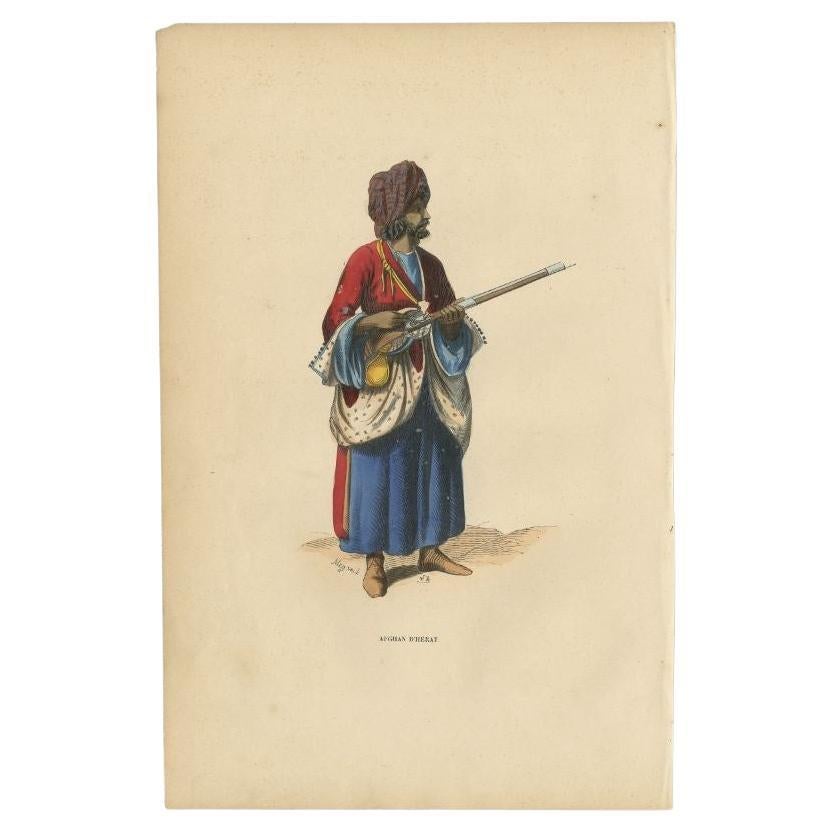 Antiker handkolorierter Druck eines afghanischen Afghanischen aus der Hütte in Afghanistan, 1843