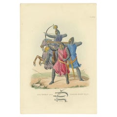 Antique Handcolored Print of Archers and a Crossbowman, 1842