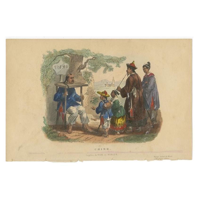 Antique print titled 'Chine - Supplice du Tcha ou Kangue'. View of corporal punishment with a cangue (or tcha). The cangue is a device that was used for public humiliation and corporal punishment in East Asia and some other parts of Southeast Asia
