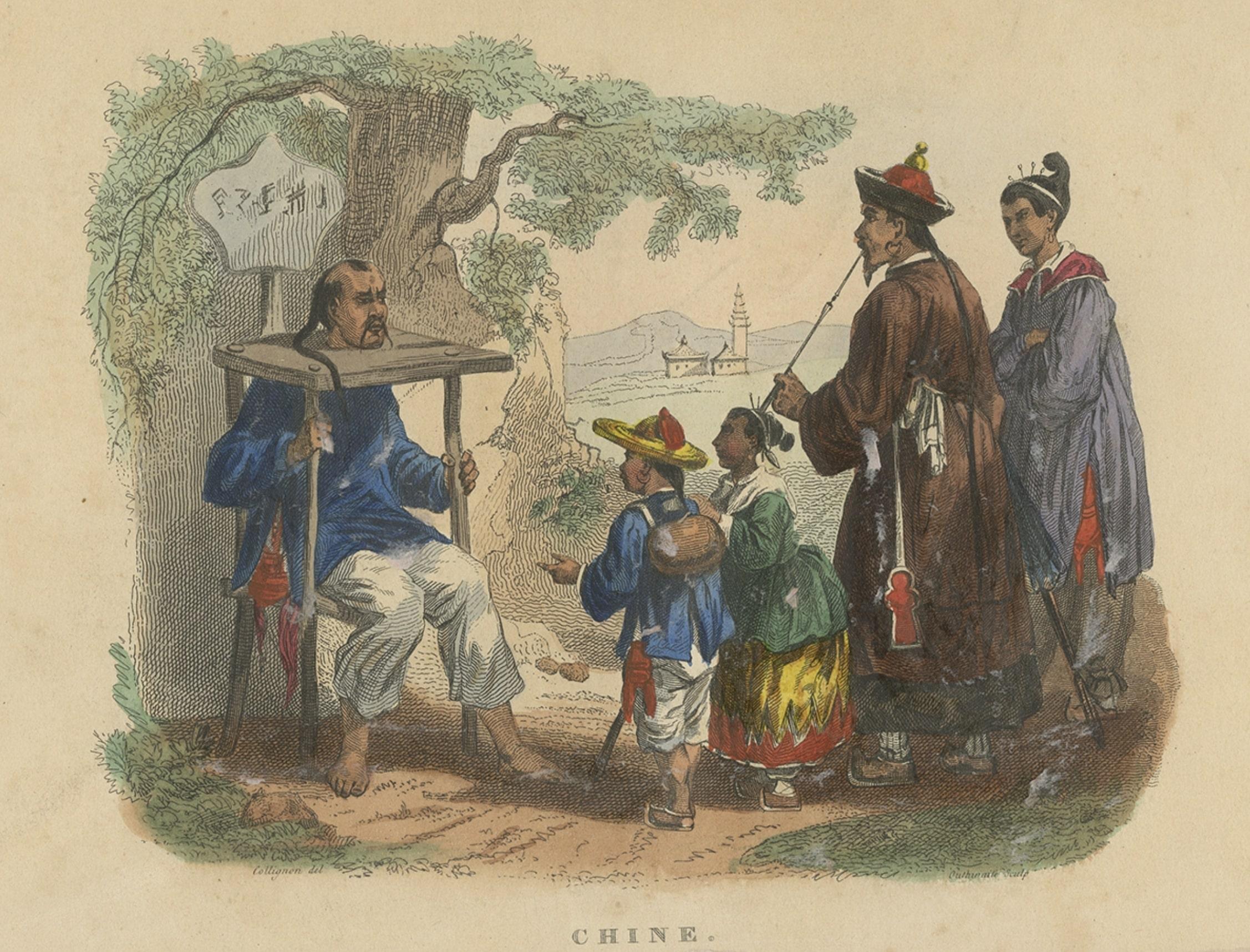 Papier Impression antique colorée à la main de punishment avec une cangue en Chine, 1844 en vente