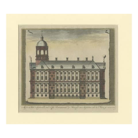 Antique Handcolored Print of the City Hall of Amsterdam, The Netherlands, c.1780