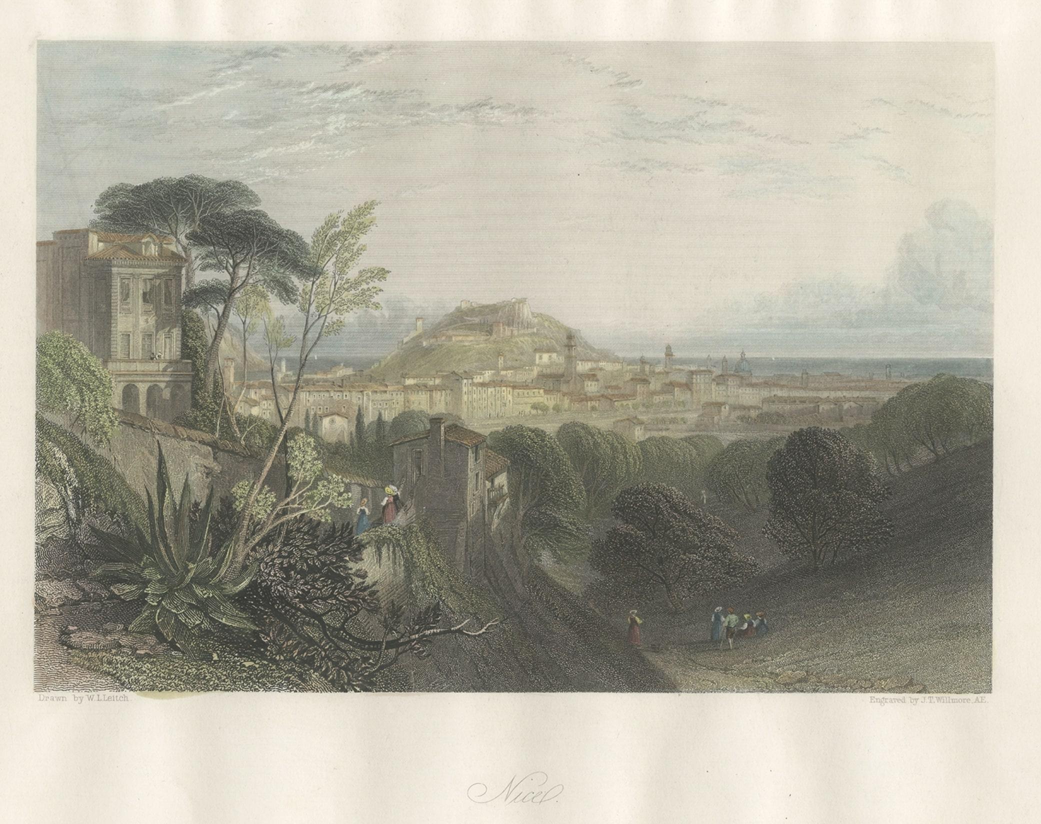 Paper Antique Handcolored Print of the French City of Nice in France, 1856 For Sale