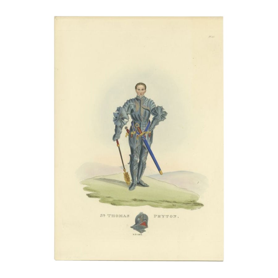 Antiker handkolorierter Druck von Thomas Peyton in voller Rüstungsgehäuse, 1842