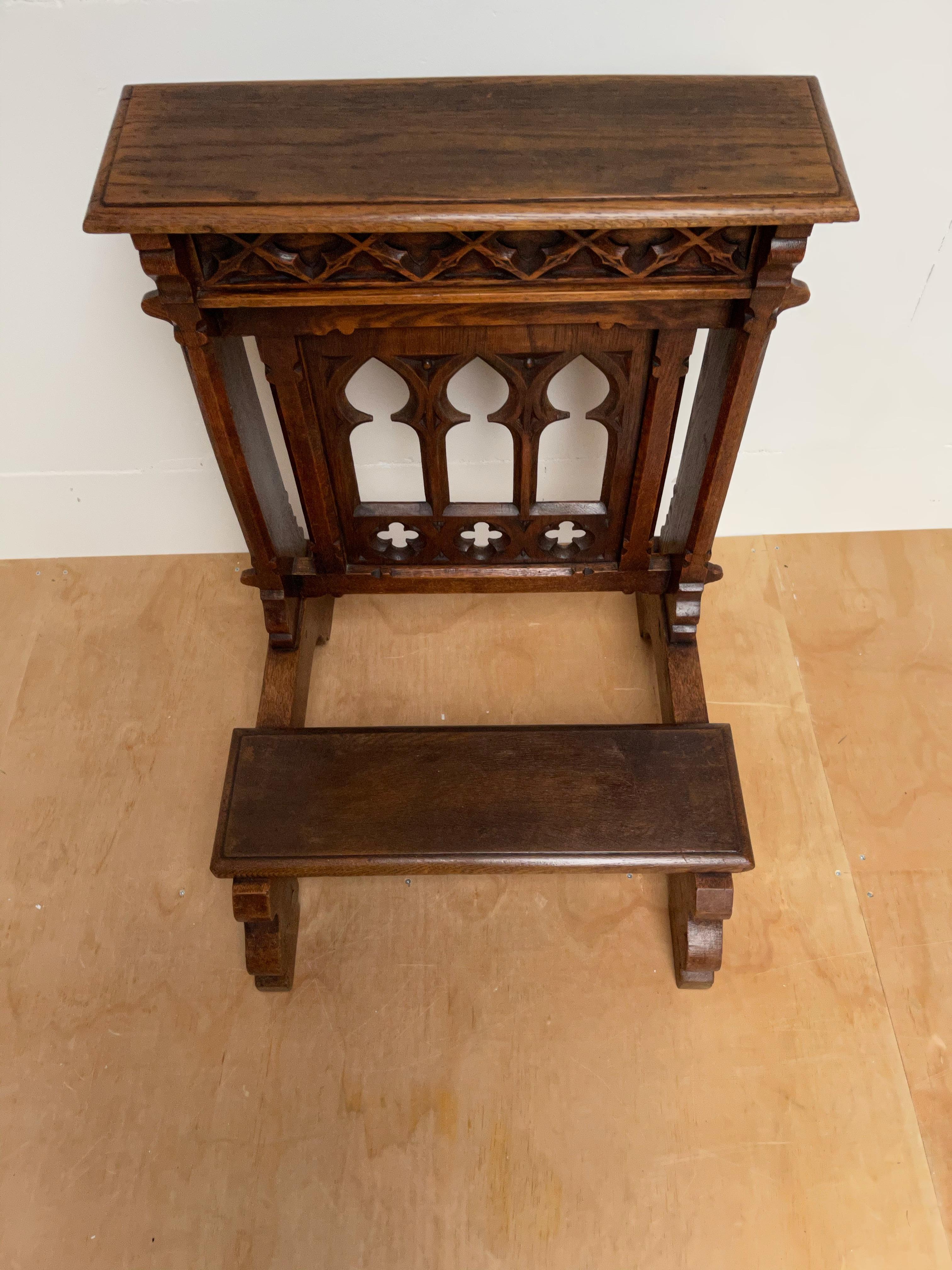 Wonderful antique church stool for silent prayers.

This Gothic style church relic has been in use for well over one hundred years and it still looks incredibly beautiful. It is clear that this piece of antique church furniture has been very well