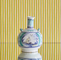 Antique Handcrafted Ceramic Bottle Vase in Blue and Green, France, 18th Century