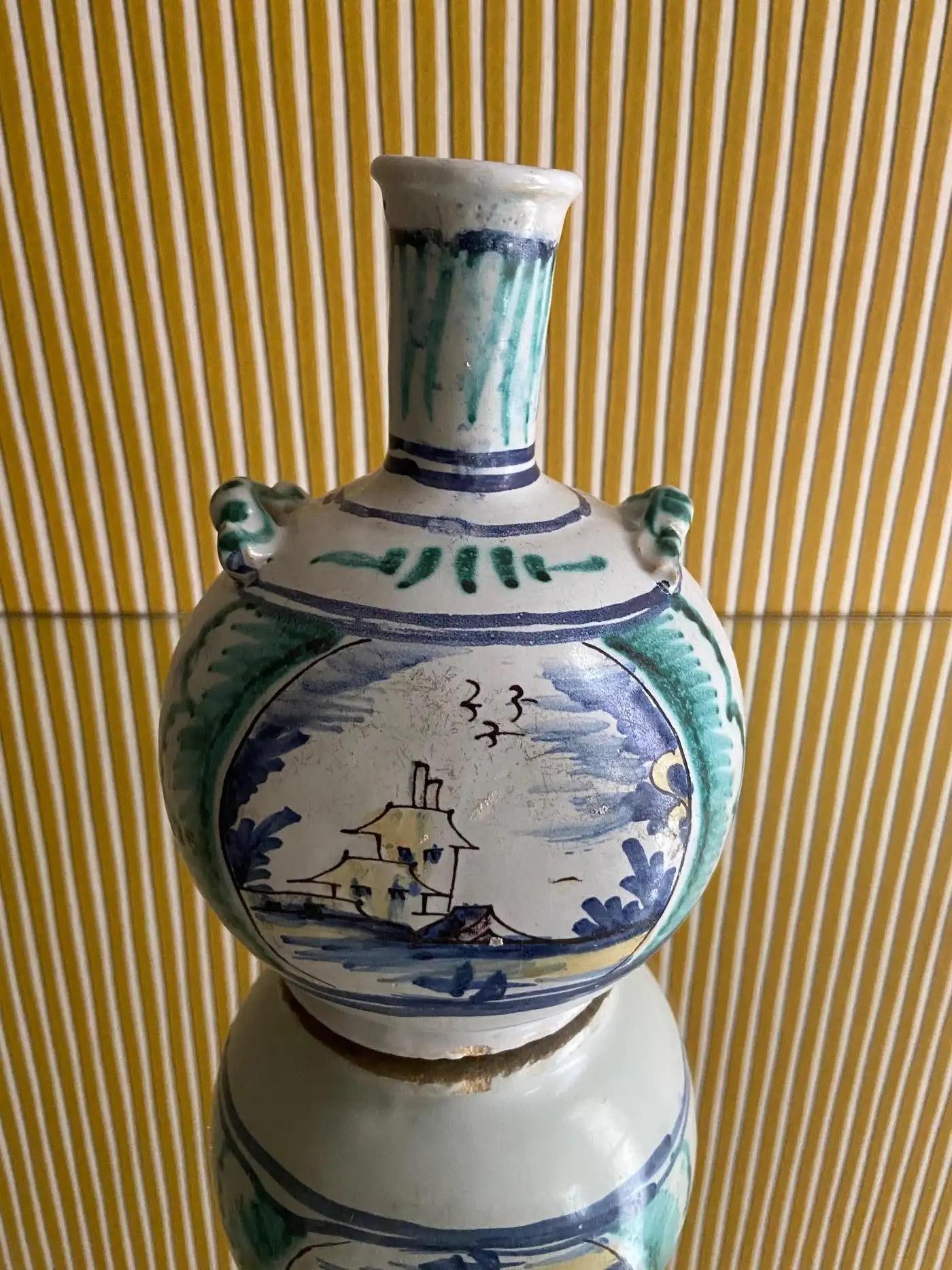 French Antique Handcrafted Ceramic Bottle Vase in Blue and Green, France, 18th Century For Sale